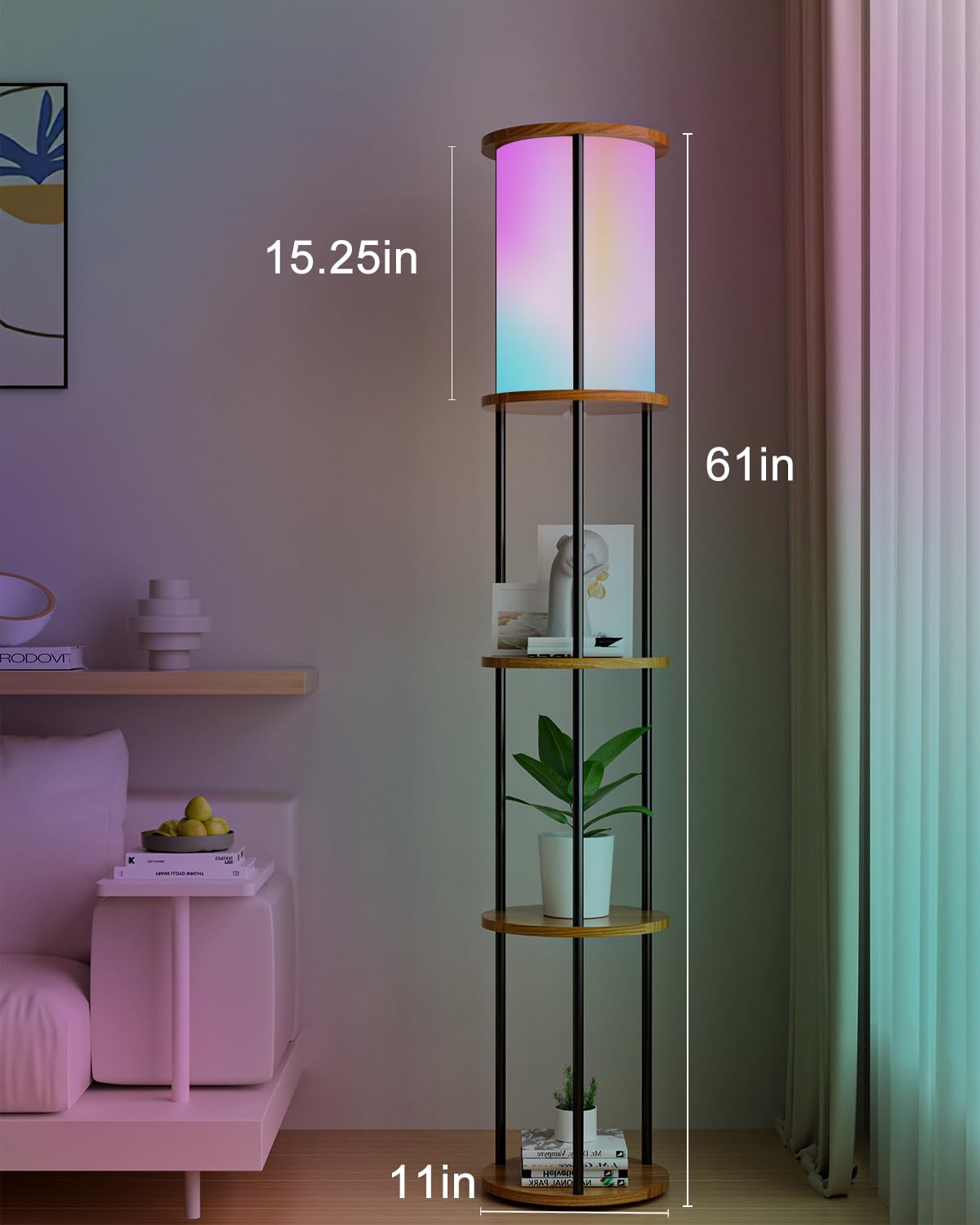 Lightdot 61 RGB Floor Lamp with Shelves, 3-Tier Storage Smart Remote Control Standing Lamp with Fabric Lampshade, E26 Bulb Inclu