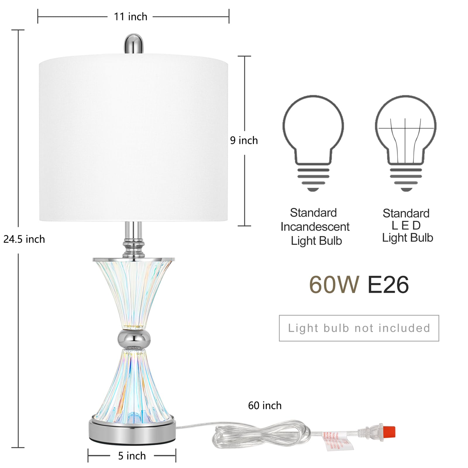 Tpamswo Crystal Glass Table Lamps Set Of 2, Modern 24.5   High Crystal Bedside Lamps, For Bedroom Living Room Home Office Desk N