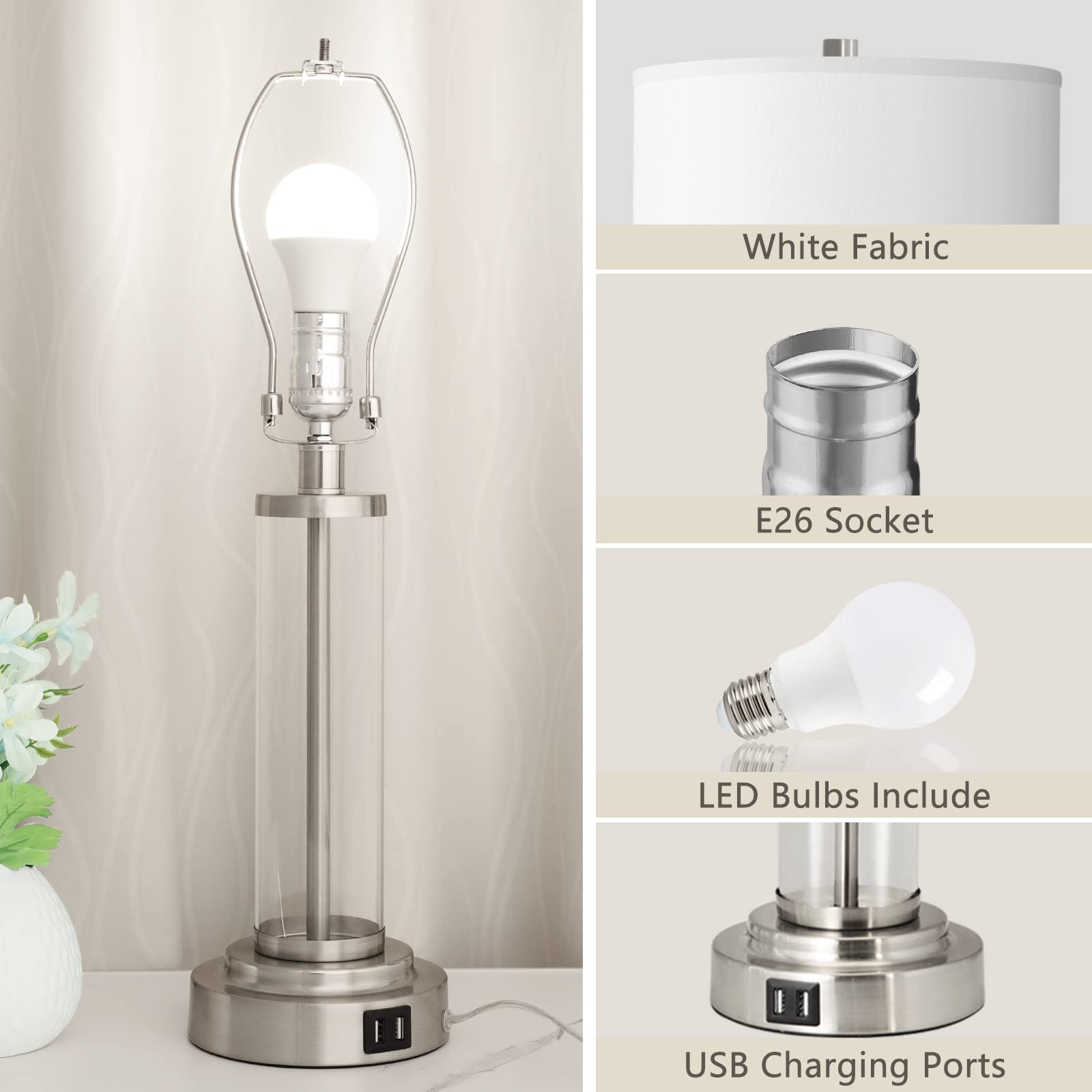 QiMH Touch Control Table Lamps Set of 2, 3-Way Dimmable, USB Ports, Silver, Modern Nightstand Lamp with 2 LED Bulbs