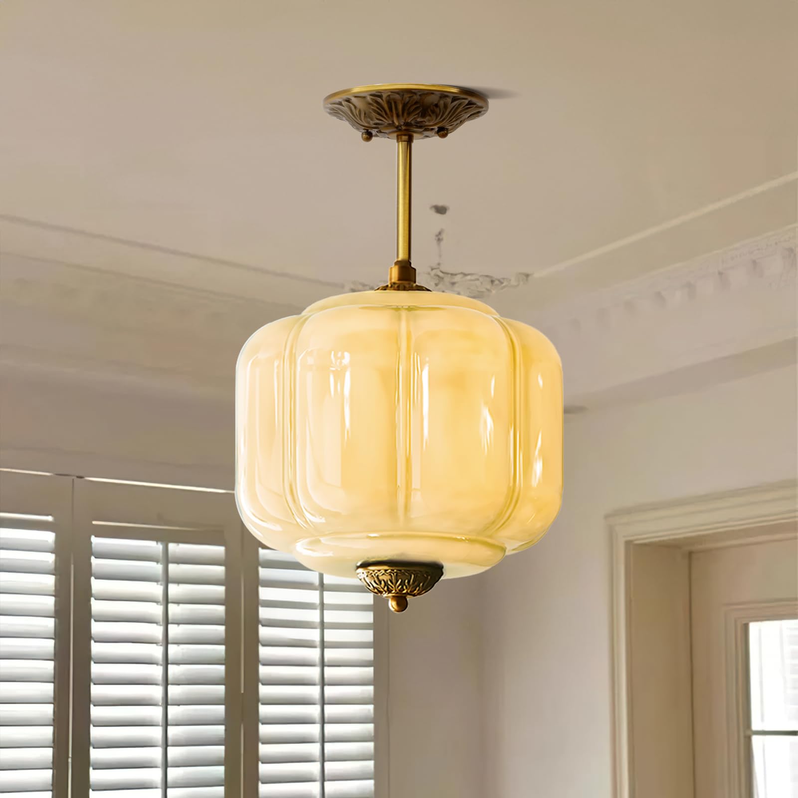 CKENSU Milk Glass Ceiling Light Fixture - Antique Brass Semi Flush