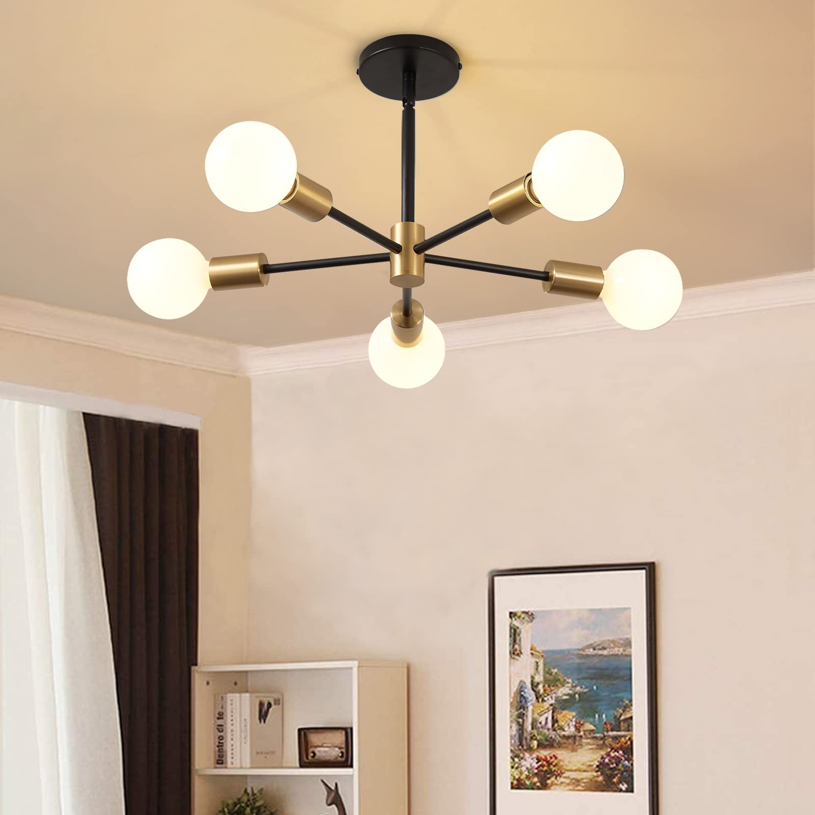 RUIYEY Modern Sputnik Light Fixture Semi Flush Mount Ceiling Light Black and Gold Mid Century Chandeliers for Bedroom Dining Room Kitchen Island Living Room Bedroom Farmhouse