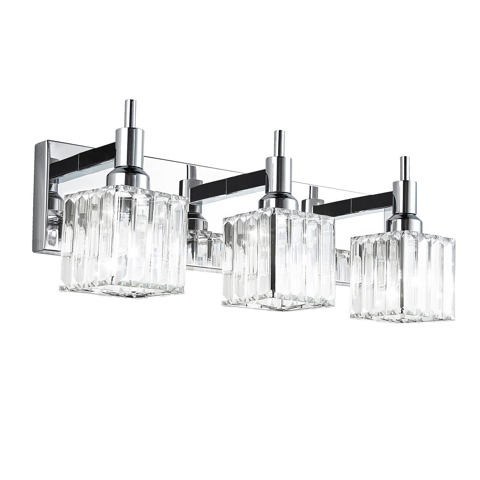 HUOKU Modern Crystal Bathroom Vanity Light 3-Light Wall Sconce Chrome Metal Square Shade