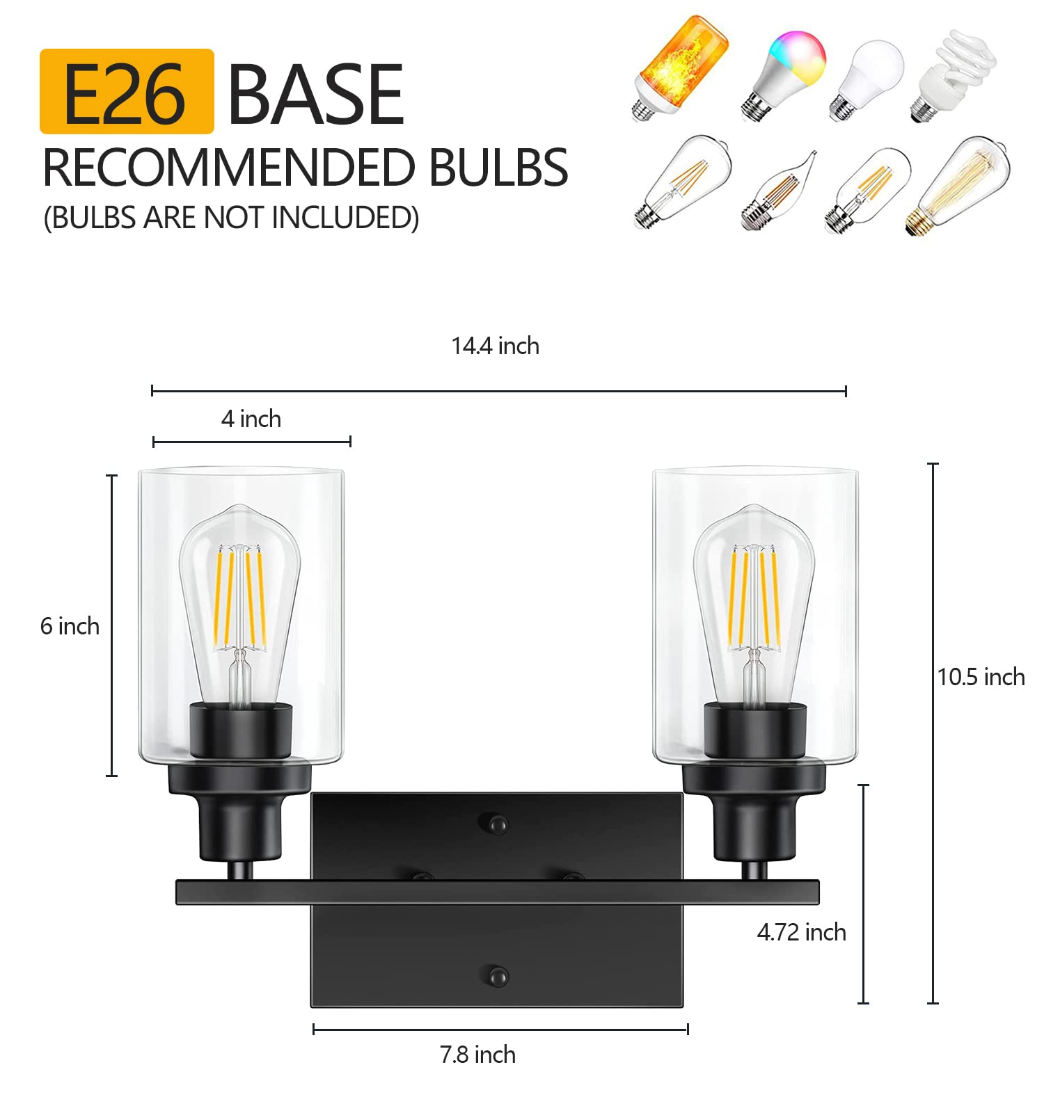 Black Bathroom Light Fixtures, 2-Light Vanity Lights, Modern Bathroom Vanity Light With Clear Glass Shade, Wall Lamp With Metal Frame, Vanity Lights For Bathroom Mirror Bedroom Hallway E26 Base