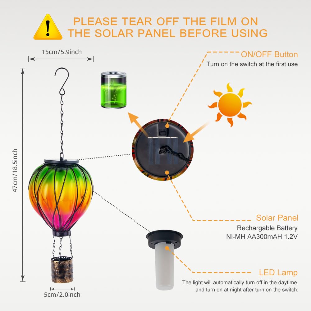 Yelenew Colorful Solar Hot Air Balloon Lantern With Flame Flickering,Garden Decor Glass Hot Air Balloon Solar Lantern Outdoor Wa