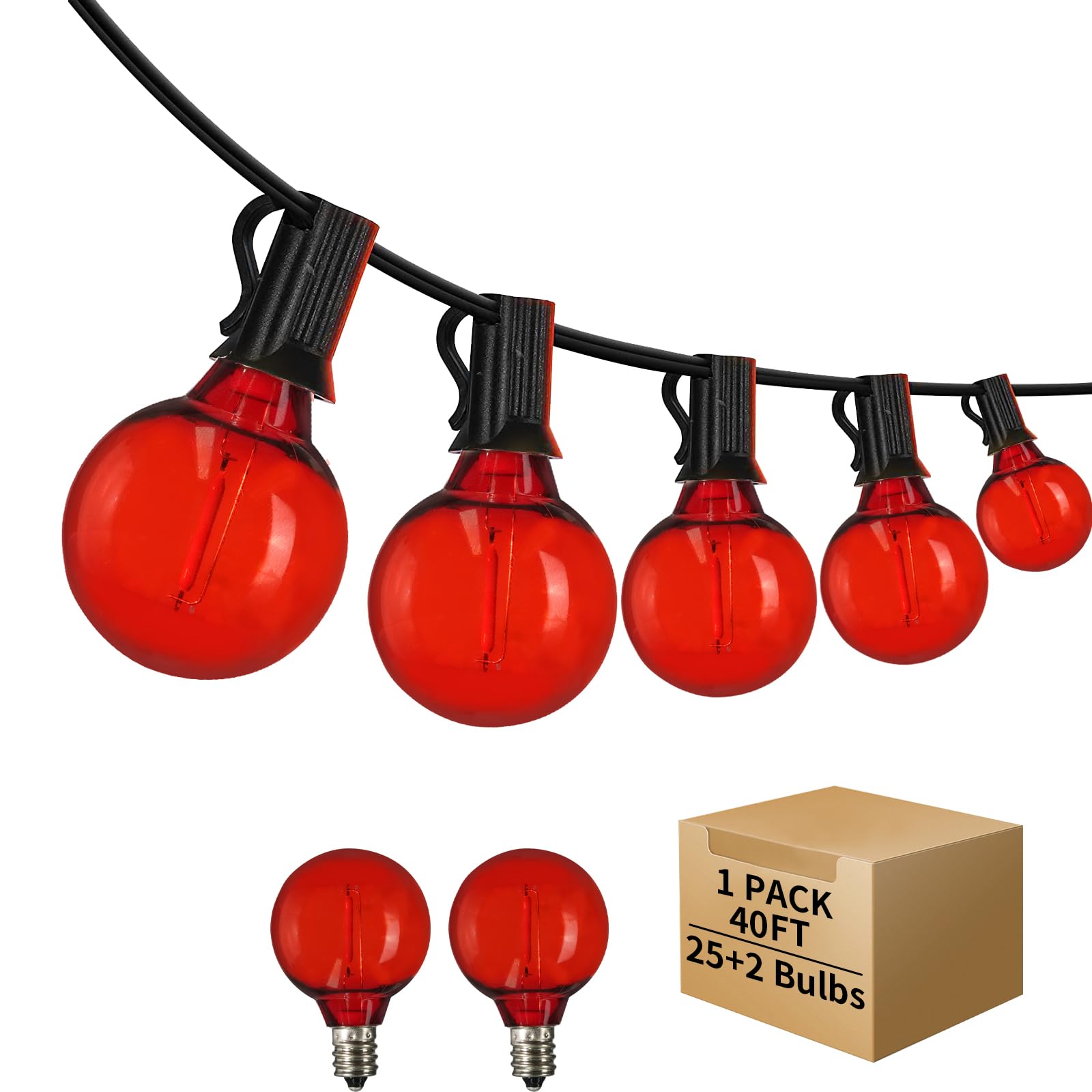 ShineU LED Outdoor String Lights, 40FT Waterproof G40 Globe, 27 Shatterproof Edison Bulbs, Red, Connectable for Patio, Garden, Bistro