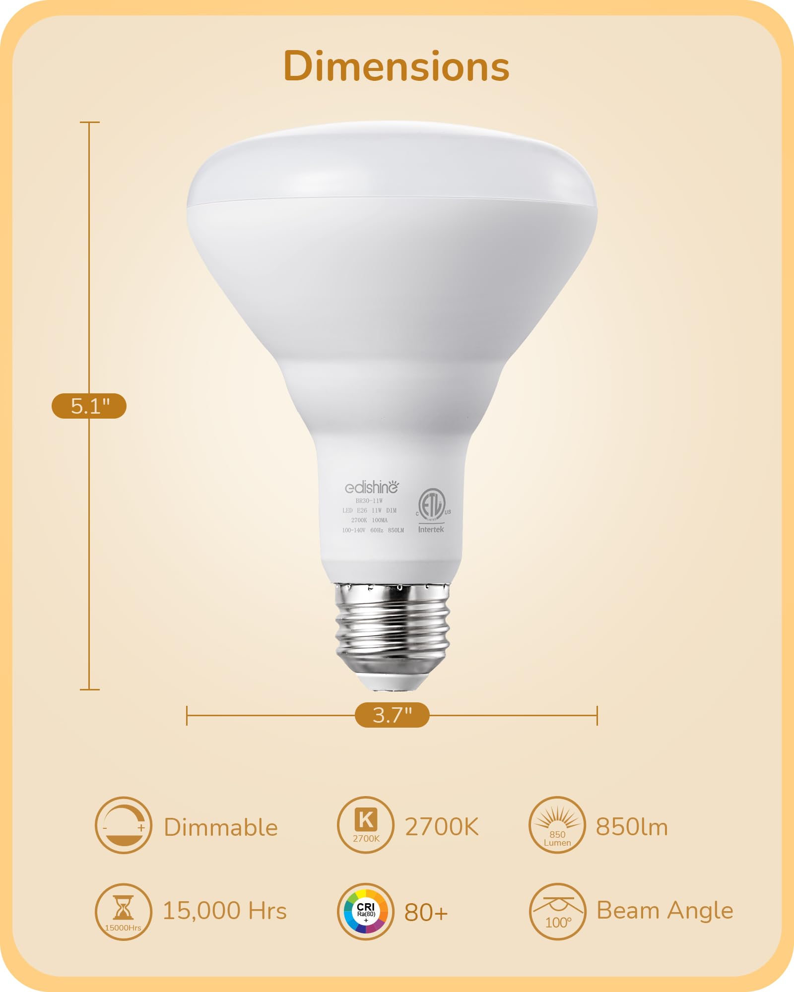 EDISHINE BR30 LED Bulb, Dimmable 11W Equivalent 65W, 850LM, 2700K Warm White, E26 Base, 6 Pack, ETL