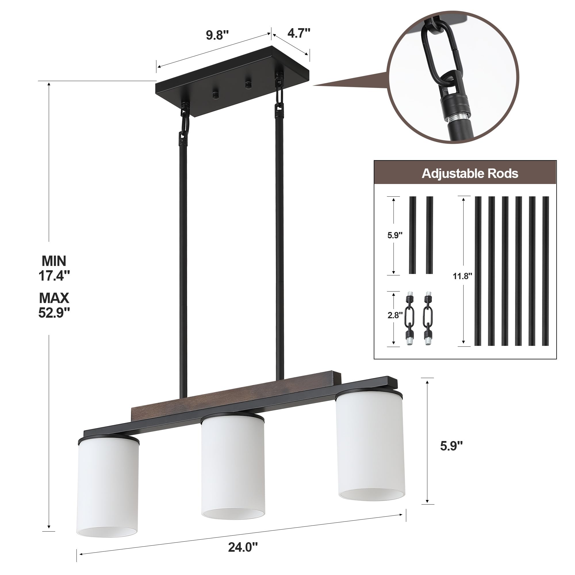Mecgirn 3 Light Linear Chandelier - Black Pendant Light with Milk Glass Shade for Dining Room and Kitchen Island, Model D0016-3-M