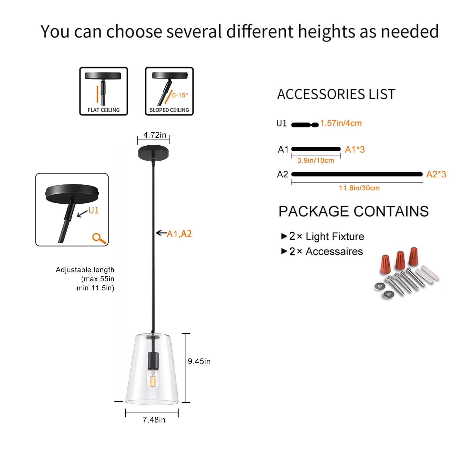 KLSS Black Pendant Lights - Clear Glass Fixture, 12in & 4in Rods, 2 Pack, Metal, Model LDDD002