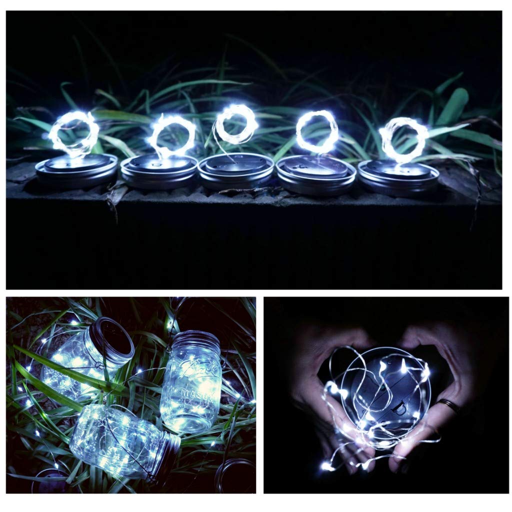 Smilingtown Solar Mason Jar Light Lids, 10 Pack 20 Led Fairy Lights, Waterproof Cool White