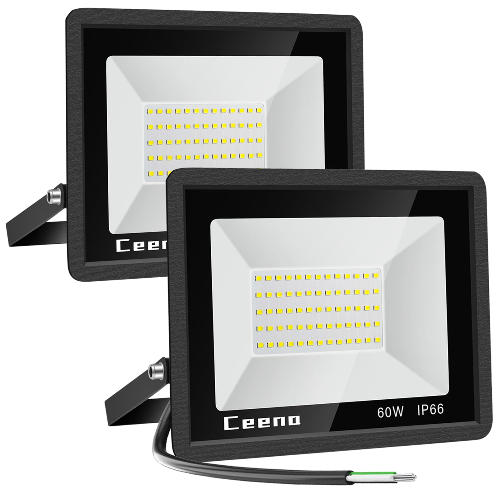 Ceena 2 Pack 60W Hardwired LED Flood Light Outdoor, 6000lm Super Bright Floodlight, IP66 Waterproof 6000K Daylight White Exterio