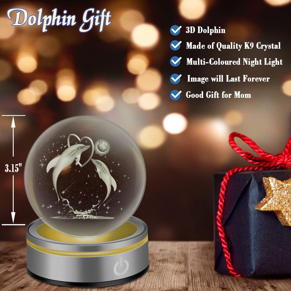 IFOLAINA 3D Dolphin Crystal Ball Night Light, 3.15 inches, Clear, Model K086-M, Perfect Gift for Dolphin Lovers