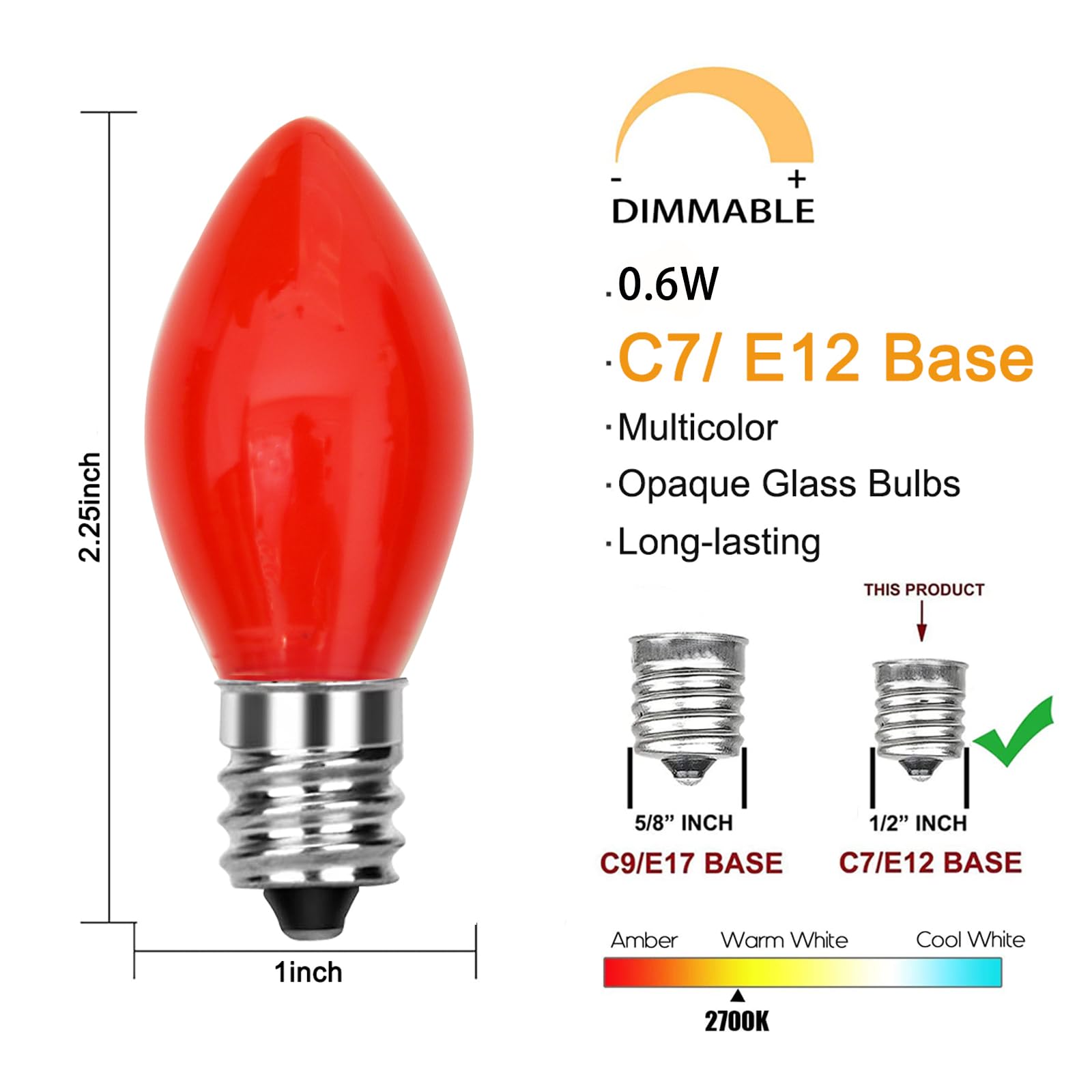 Goothy 25 Pack C7 Red Led Christmas Light Bulb, C7 Red Ceramic Replacement Bulbs For Outdoor String Lights Window Candles Chande