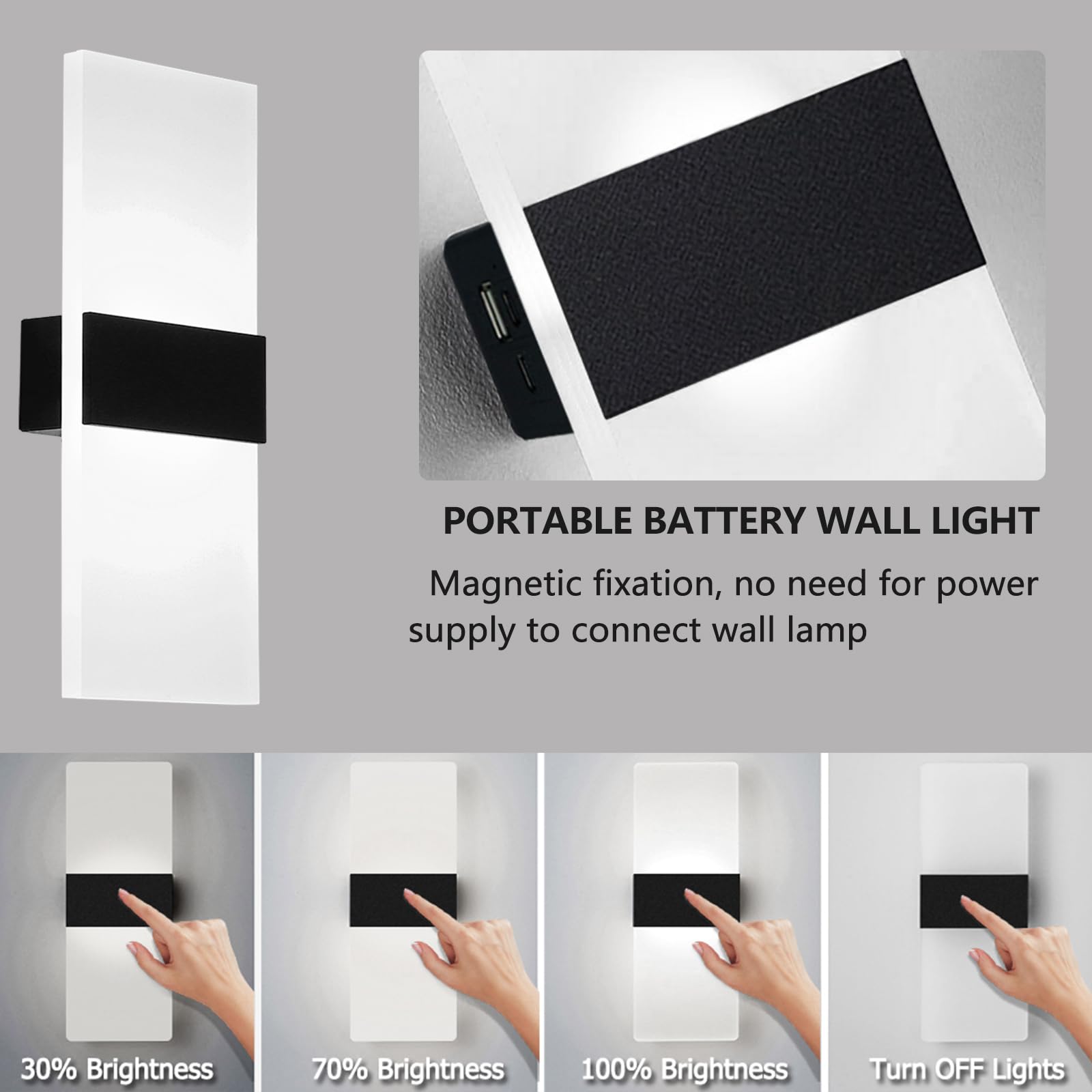 Ankboy Led Wall Sconces, Battery Operated Magnetic Wall Lamp, 3 Brightness, Cool White 6000K