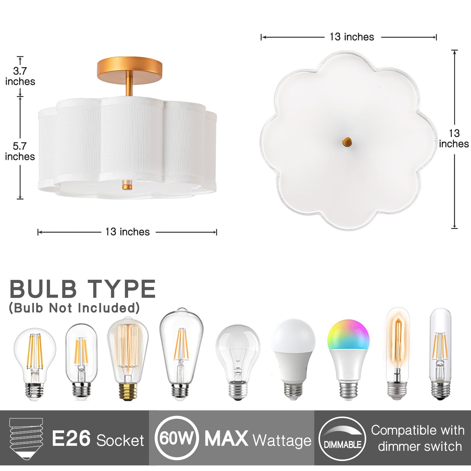 Bargeni Semi Flush Mount Ceiling Light,13-Inch Modern Ceiling Light Fixture,Gold Light Fixtures Ceiling Mount With Flower-Shaped