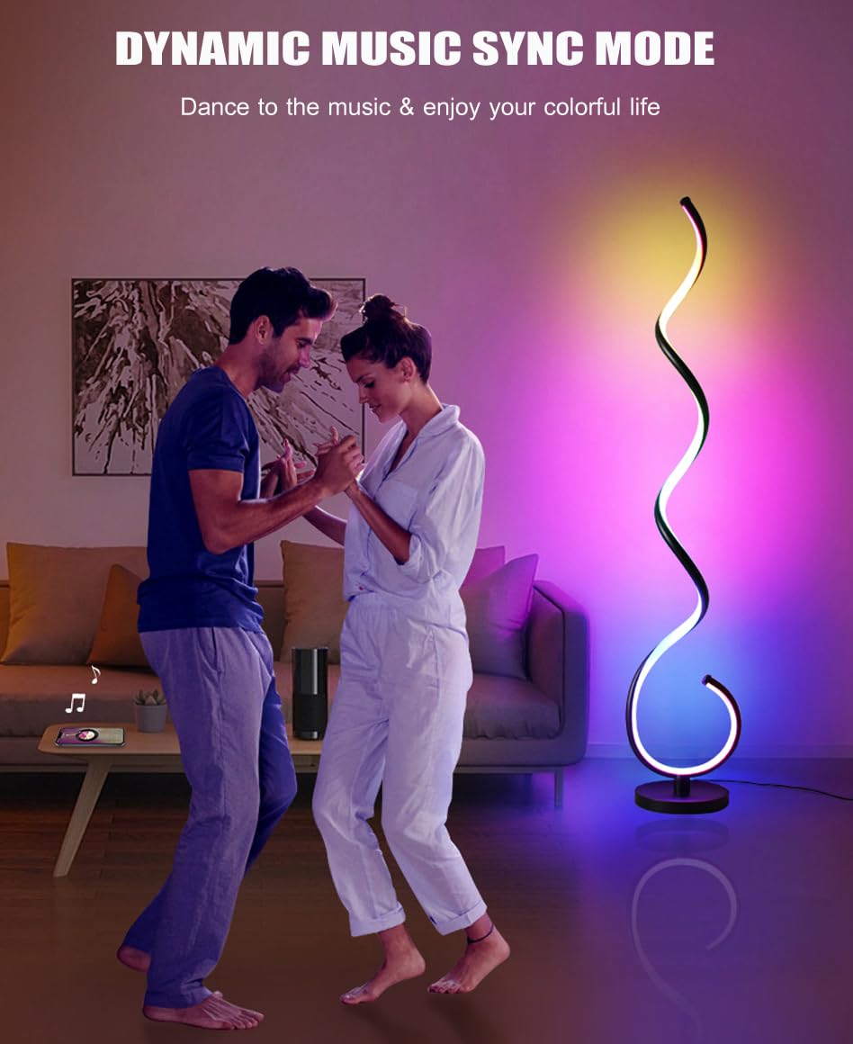 LENIVER RGB Spiral Floor Lamp - Smart Dimmable Corner Light, Black RGB, Remote APP Control, Model LNV-FL09-1-RGB