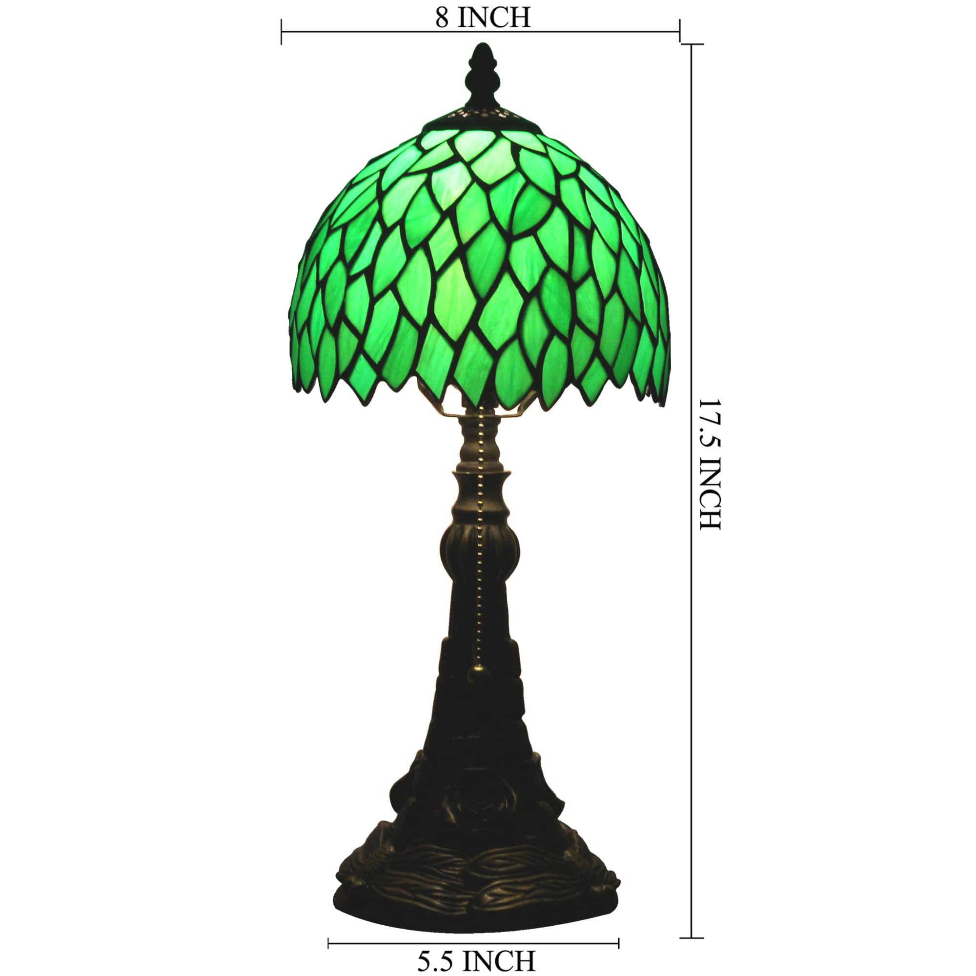 Small Tiffany Lamp Mini Stained Glass Desk Lamp Vintage Table Lamp Tiffany Style Night Light 8X17.5 Inch (Green Wisteria Leaves