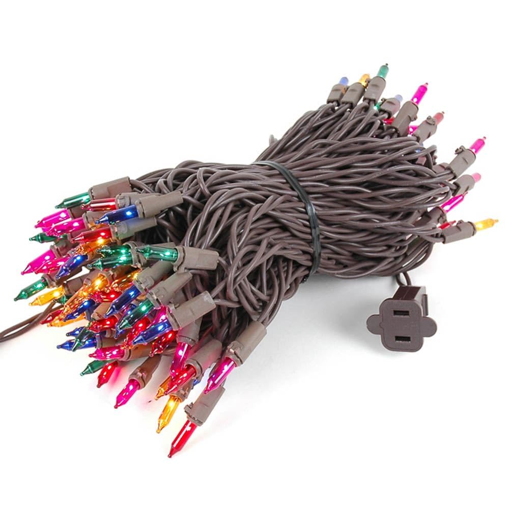Novelty Lights 50 Feet 100 Bulbs Traditional Incandescent Mini Lights, Multicolor On Brown Wire With 6 Spacing, Commercial Grade