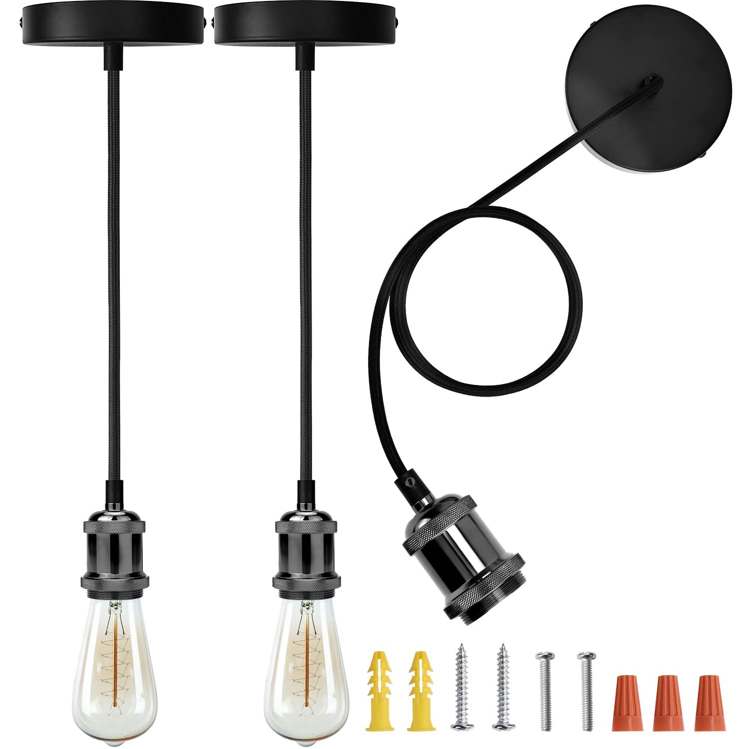 Jackyled 2 Pack Mini Pendant Light Kit Ul Vintage Socket E26 E27 Lampholder Black Woven Fabric Pendant Light Cord Adjustable Canopy Kit