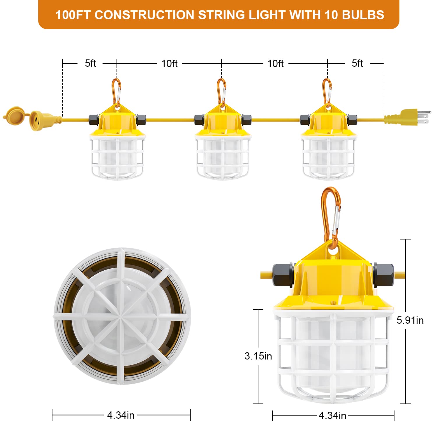 100Ft Led Construction String Lights, 150W 15000Lm Super Bright Led String Work Lights, Construction Temporary Lights Apply To R