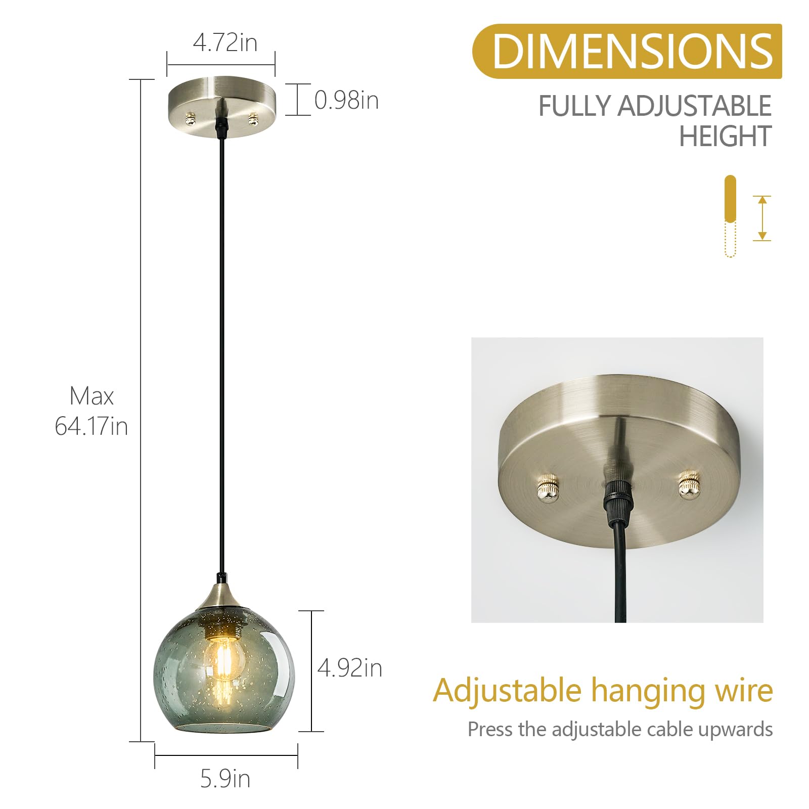 LBSQJ Glass Pendant Lights, 5.9in Gray Green Globe Fixtures, Modern Lighting for Kitchen Island, Bedroom, Dining Room, 3-Pack