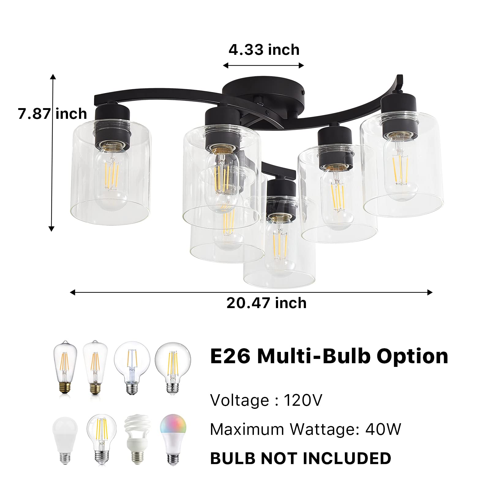 Eatich 6-Light Semi Flush Mount Ceiling Light, Matte Black Metal Fixture with Clear Glass Shades, Ideal for Kitchen and Dining Room