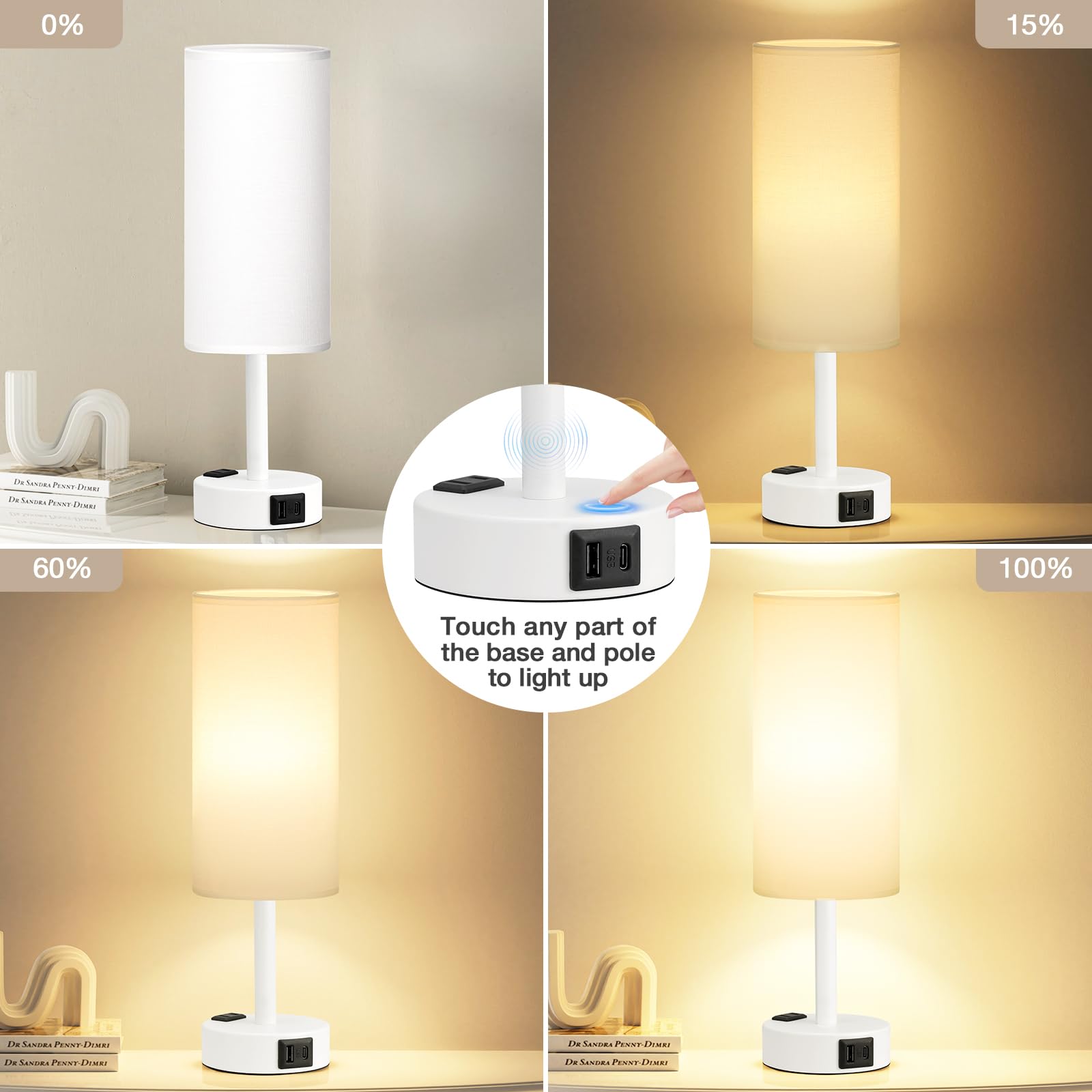 Fenmzee 14" Matte White Touch Control Bedside Table Lamp - 3-Way Dimmable, USB C Charging, LED Bulb Included
