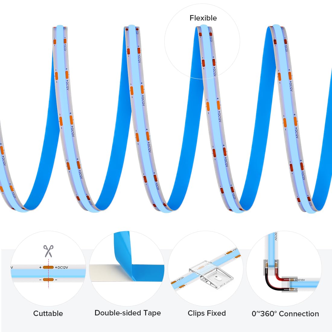 FCOB 16.4FT COB LED Strip Light, Blue, 12V, 480 LEDs/m, Dimmable, High Density for Cabinet & Indoor Decor