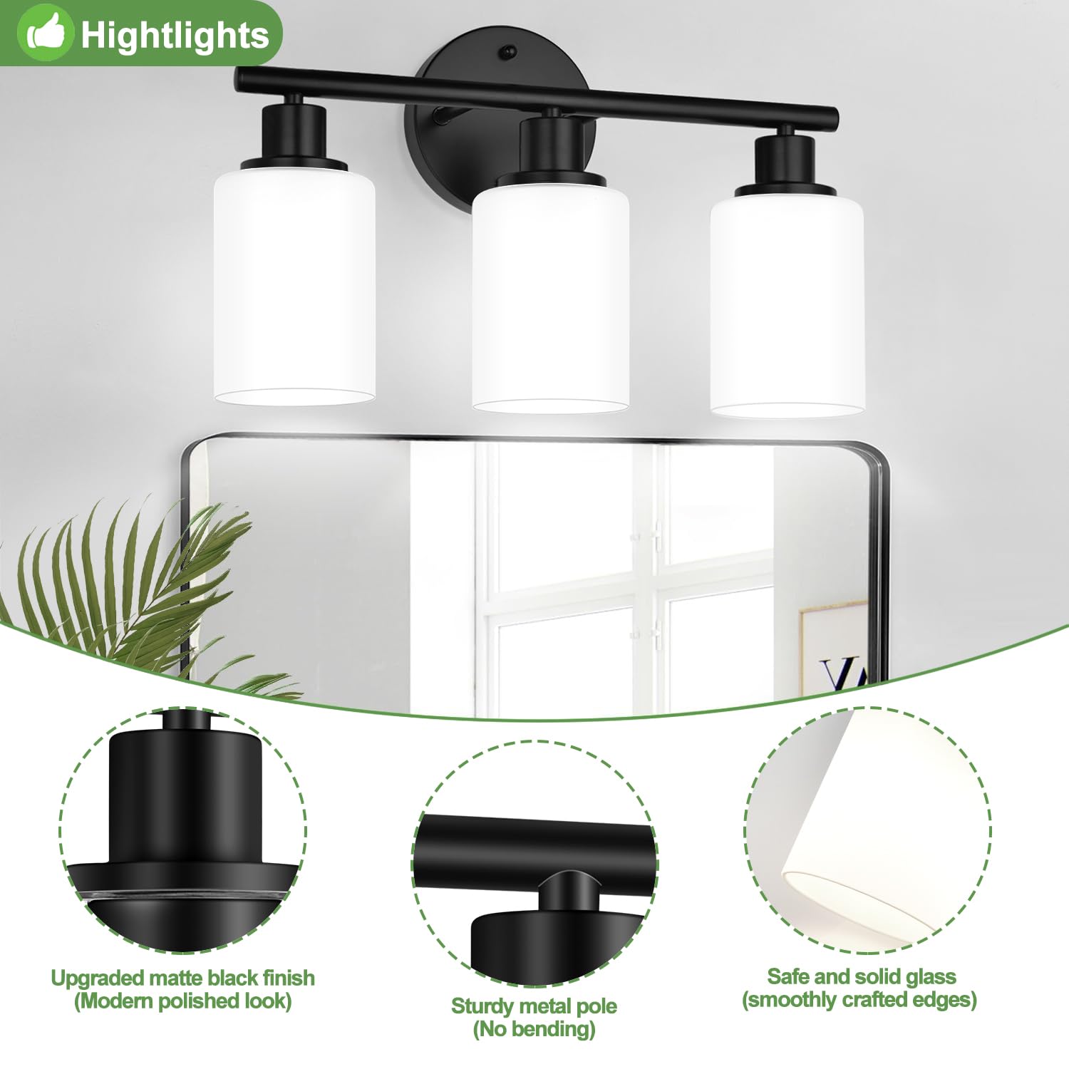 Zarbitta 3-Light Bathroom Light Fixtures, Black Modern Vanity Lights With Milky White Frosted Glass Shades, Bathroom Wall Lamp F