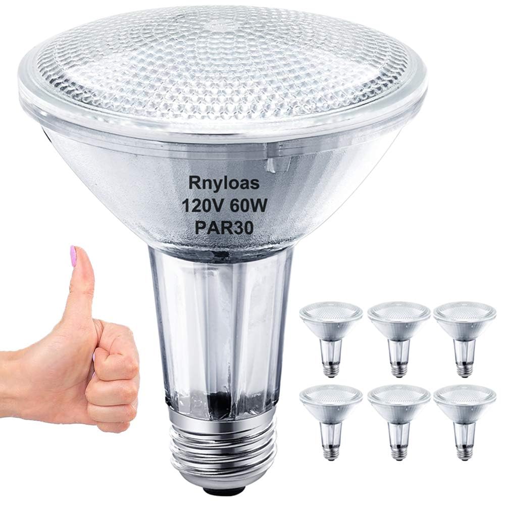 Rnyloas Par30 Long Neck, 6Pcs Par30 60W 120V Flood Dimmable, Par30 Halogen Bulb Long Lasting Lifetime With E26 Medium Base, Par3