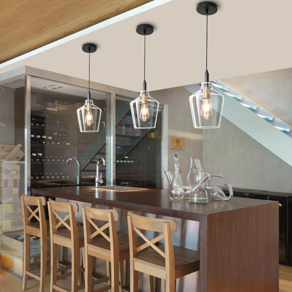 Vaziden Modern Glass Pendant Lighting For Kitchen Island, Farmhouse Black And Gold Pendant Light Fixtures 1 Pack, Adjustable Han