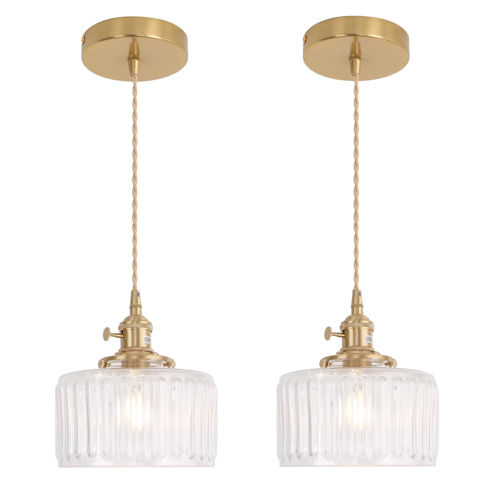Shenmoyl Pendant Light 2 Pack with Clear Striped Glass Lmapshade, Brass Vintage Pendant Light Adjustable Hanging Light for Kitch