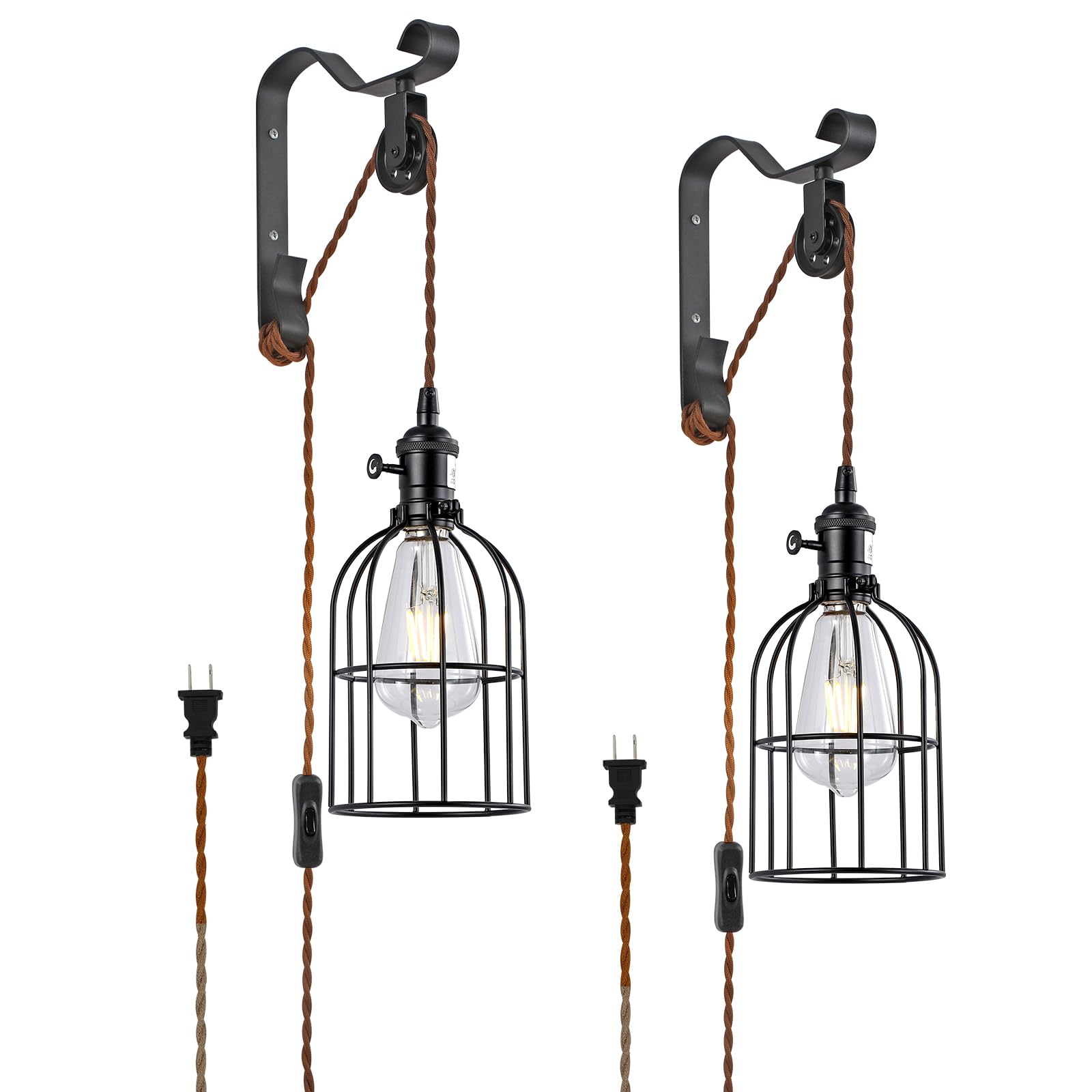 SEEBLEN Wall Sconces, Industrial Metal Lamp, Black, Plug-in with 6.5ft Cord, Height Adjustable, Style D-2, Set of 2