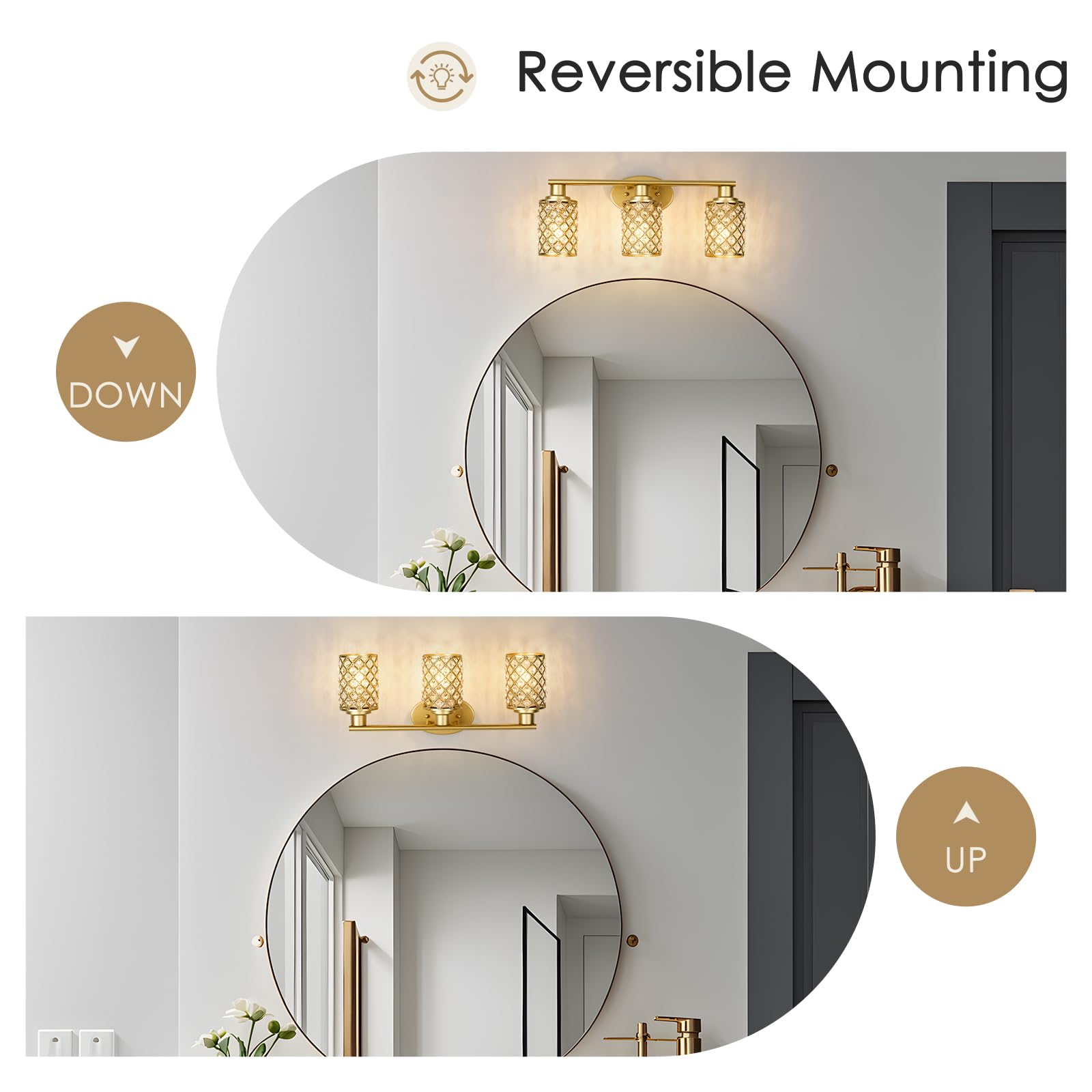 Niloah 3 Light Gold Vanity Light Fixtures, Modern Farmhouse Vanity Light, Bathroom Lights Over Mirror,Crystal Vanity Lighting Fixtures For Bathroom,Powder Room