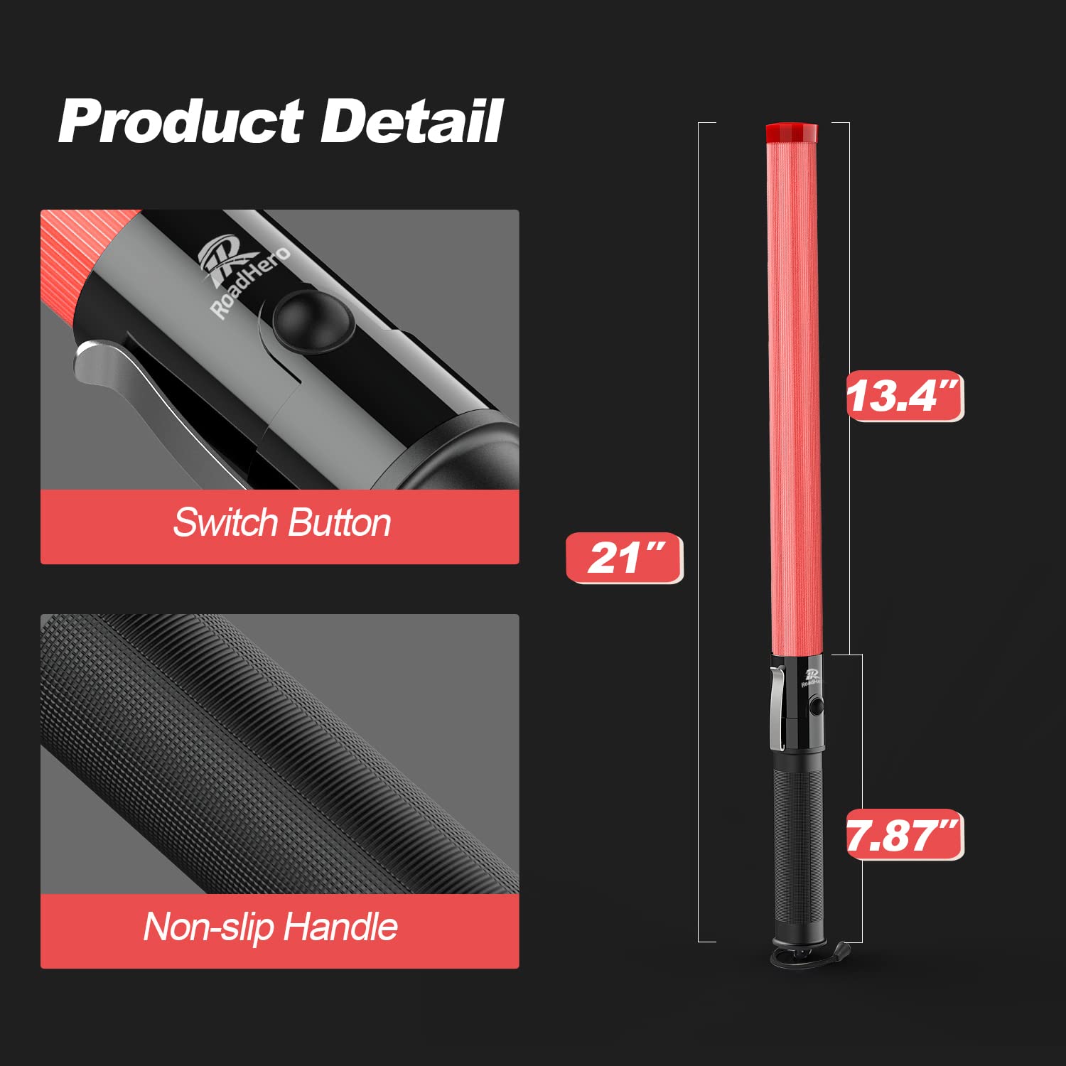 RoadHero Traffic Wand 21-Inch LED Safety Light Baton, 8 Pack, Red, Model 54*3, 2 Flashing Modes, Air Marshaling Signal Wands