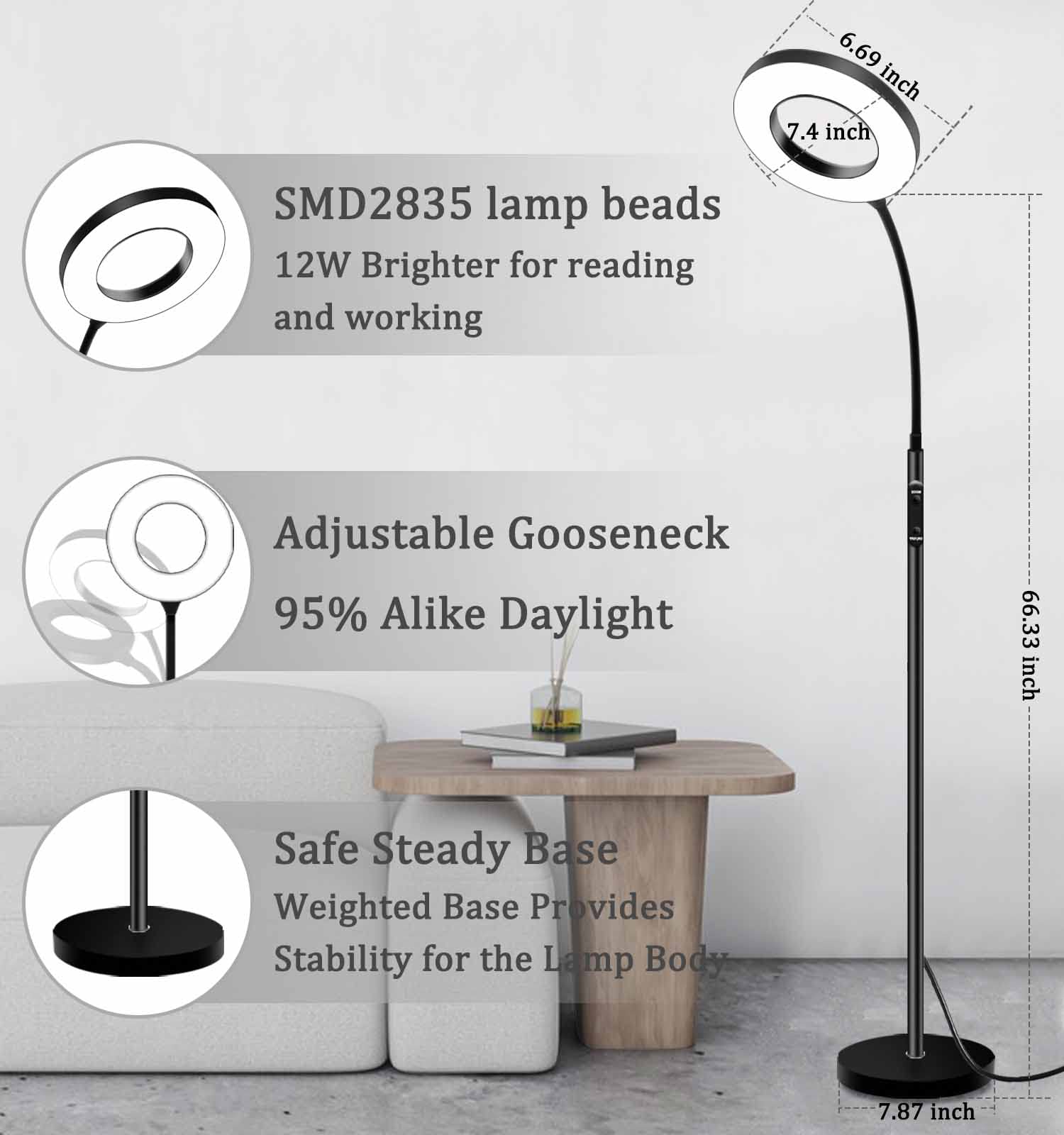 Vividstarry Led Reading Floor Lamp With Remote & Touch Control, Bright Adjustable Gooseneck Lamp For Living Room Bedroom Office,