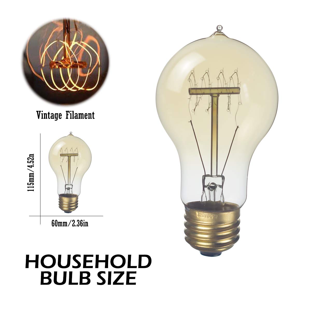 Jslinter Edison Light Bulbs 60 Watt Dimmable A19 Antique Vintage E26 Glass 6-Pack Amber Warm White