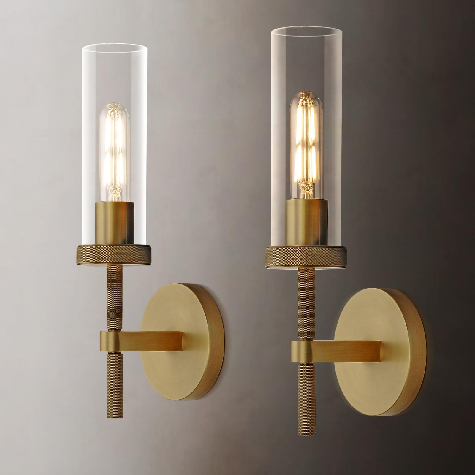 Brass Knurled Wall Sconces Set Of Two, 14'' Sconces Wall Lighting Indoors, Gold Bathroom Vanity Wall Sconces, Wall Lights For Li