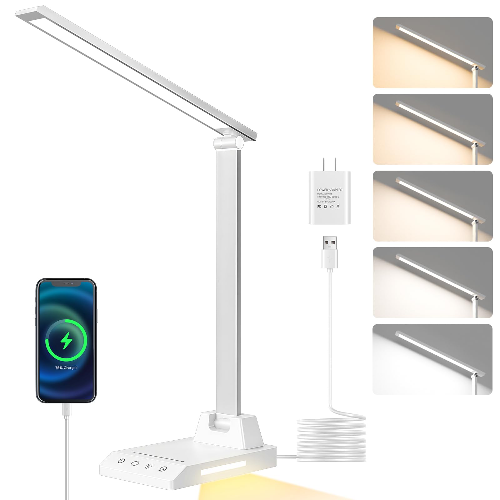 ShineTech LED Desk Lamp for Home Office, Dimmable Desk Light with 25 Lighting Combinations and USB Port, Memory and Timer Foldin