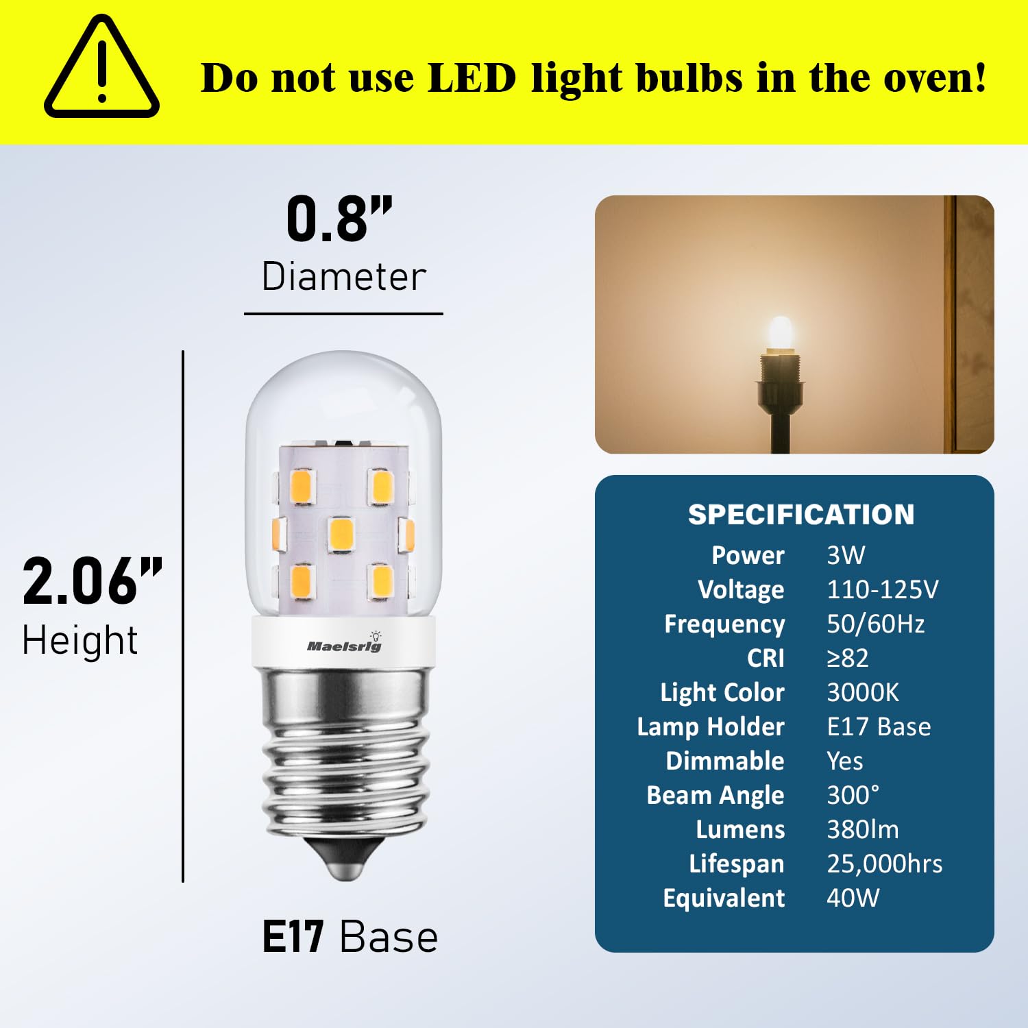 Maelsrlg LED Microwave Light Bulbs, E17 Dimmable, 3W 380 Lumens, Warm White 3000K, 4 Count, Model T73000K4