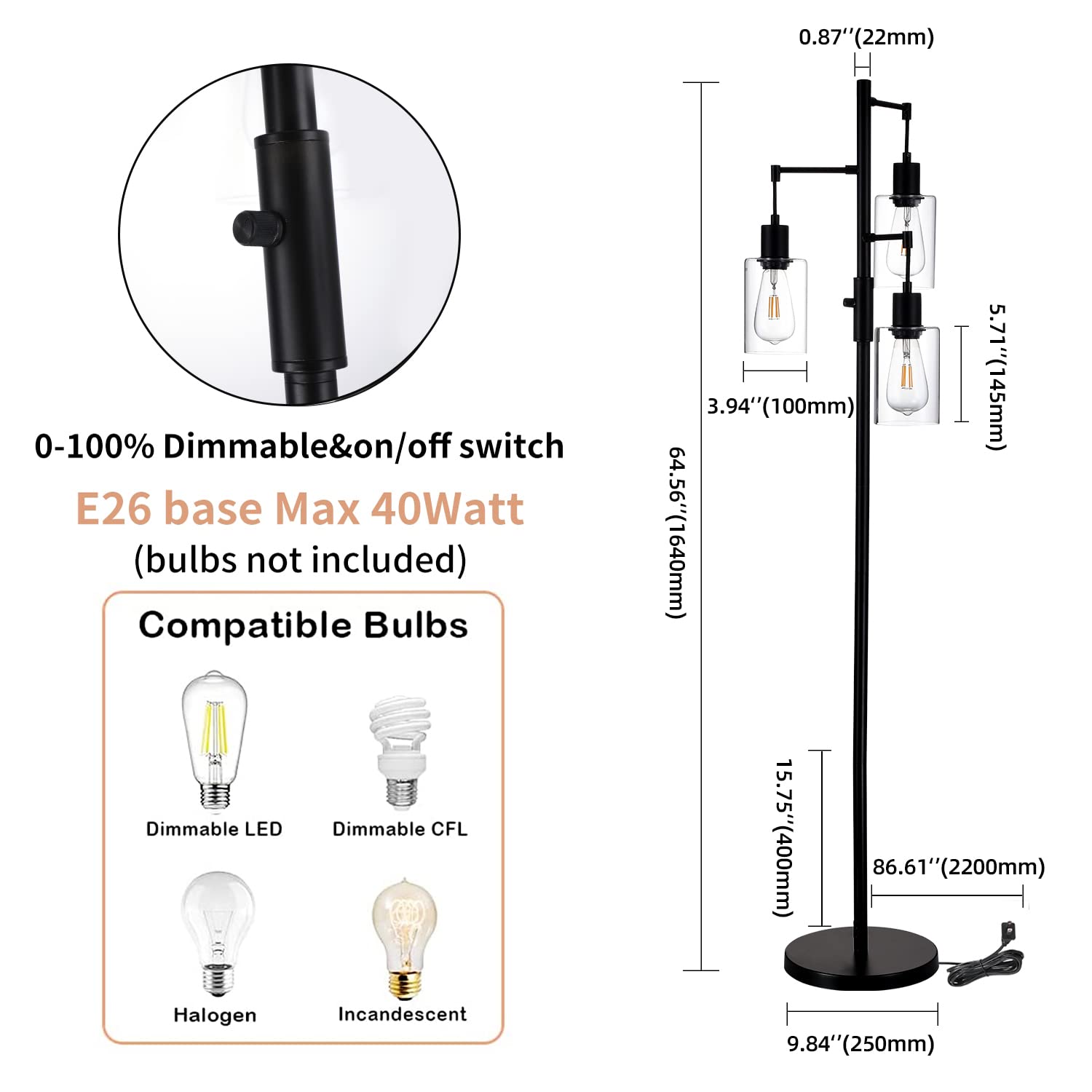 Liylan Industrial Tree Floor Lamp - Black, Dimmable Farmhouse Standing Lamp With Clear Glass Shade
