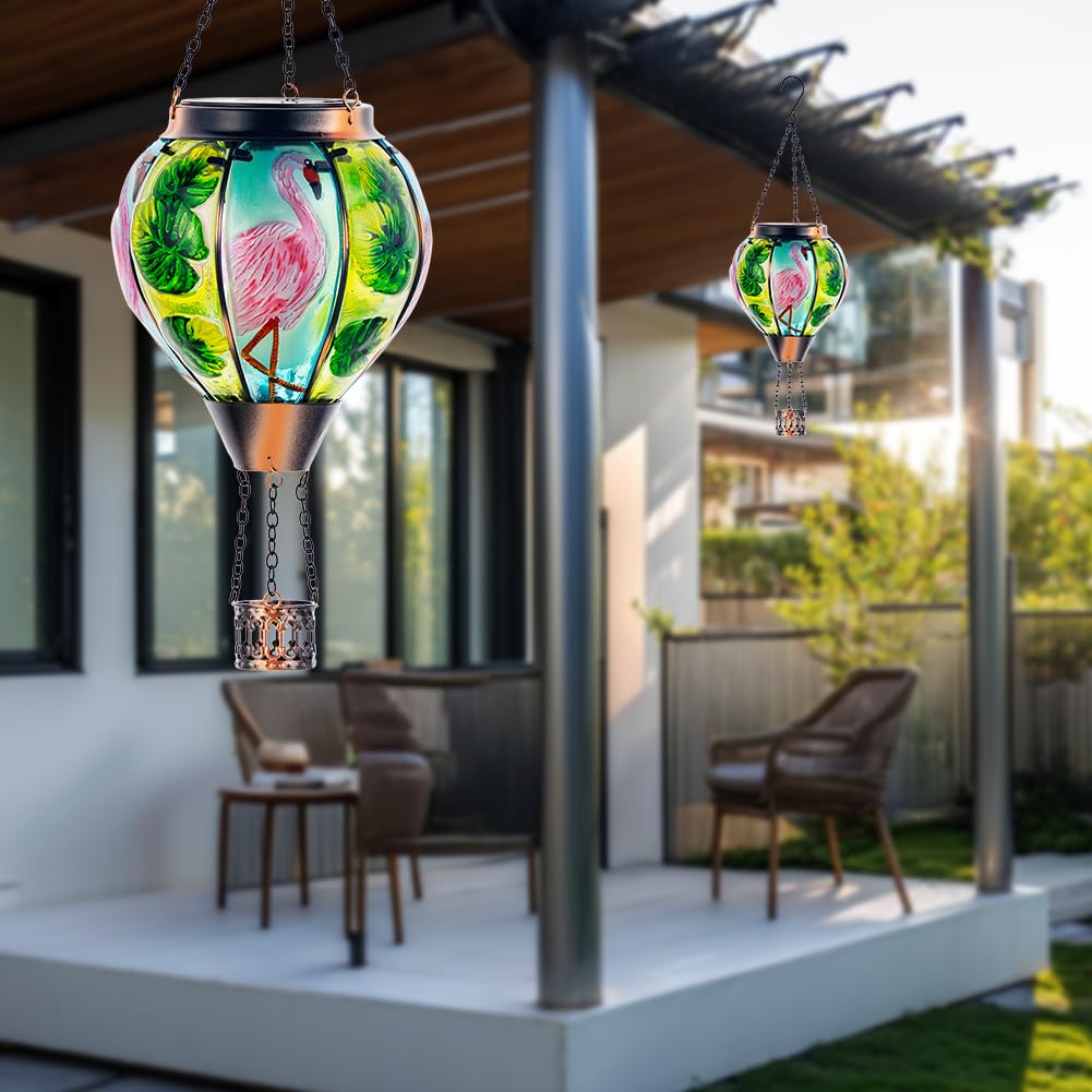 Starsoul Flamingo Hot Air Balloon Solar Lantern Solar Hot Air Balloon Flickering Flame Hanging Garden Light Metal & Glass Waterp