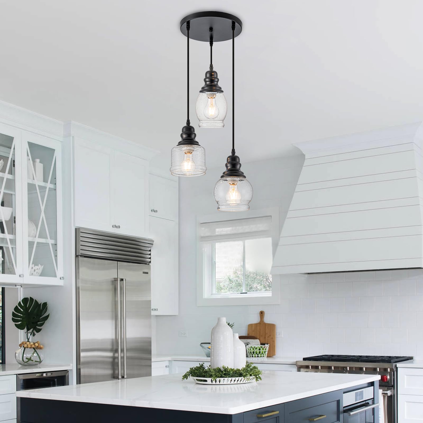 Wilon 3 Light Pendant Light Fixtures, Pendant Lighting For Kitchen Island Industrial Hanging Pendant Lighting With Seeded Glass