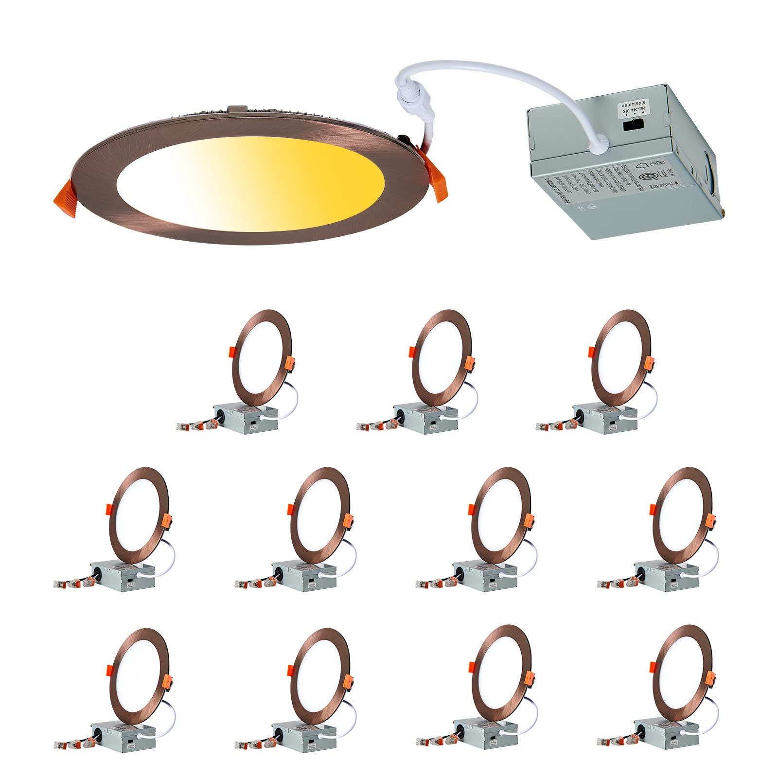 Cycevsun 12 Pack Bronze Recessed Lighting 6 Inch Exterior Soffit Wafer Lights, Dimmable & 5Cct Selectable, 12W, 120Vac, Wet & Ic Rated, Etl