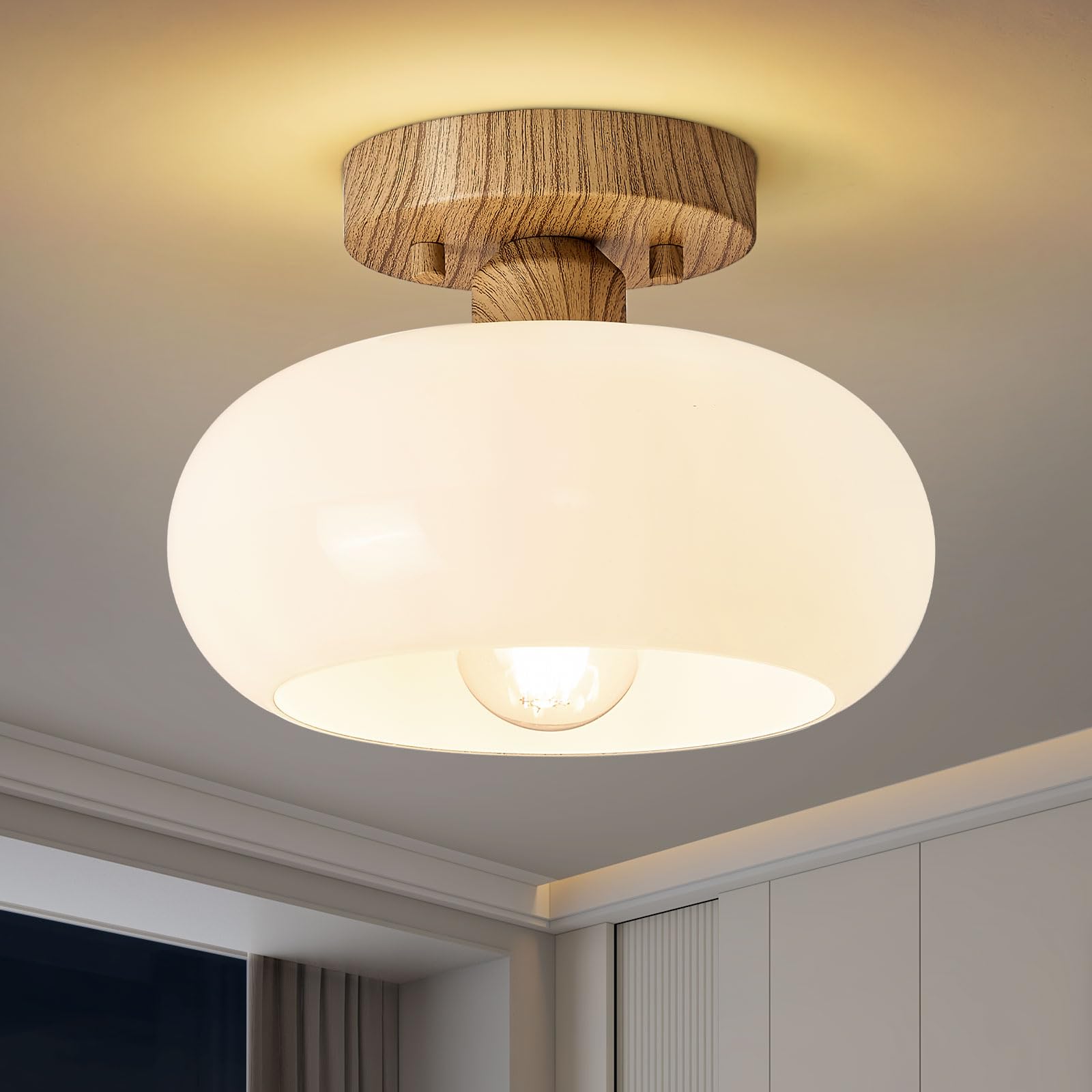 WOKNOS Mid-Century Modern Semi Flush Mount Ceiling Light, Faux Wood Kitchen Ceiling Light Fixture with Glass Shade, Vintage Whit