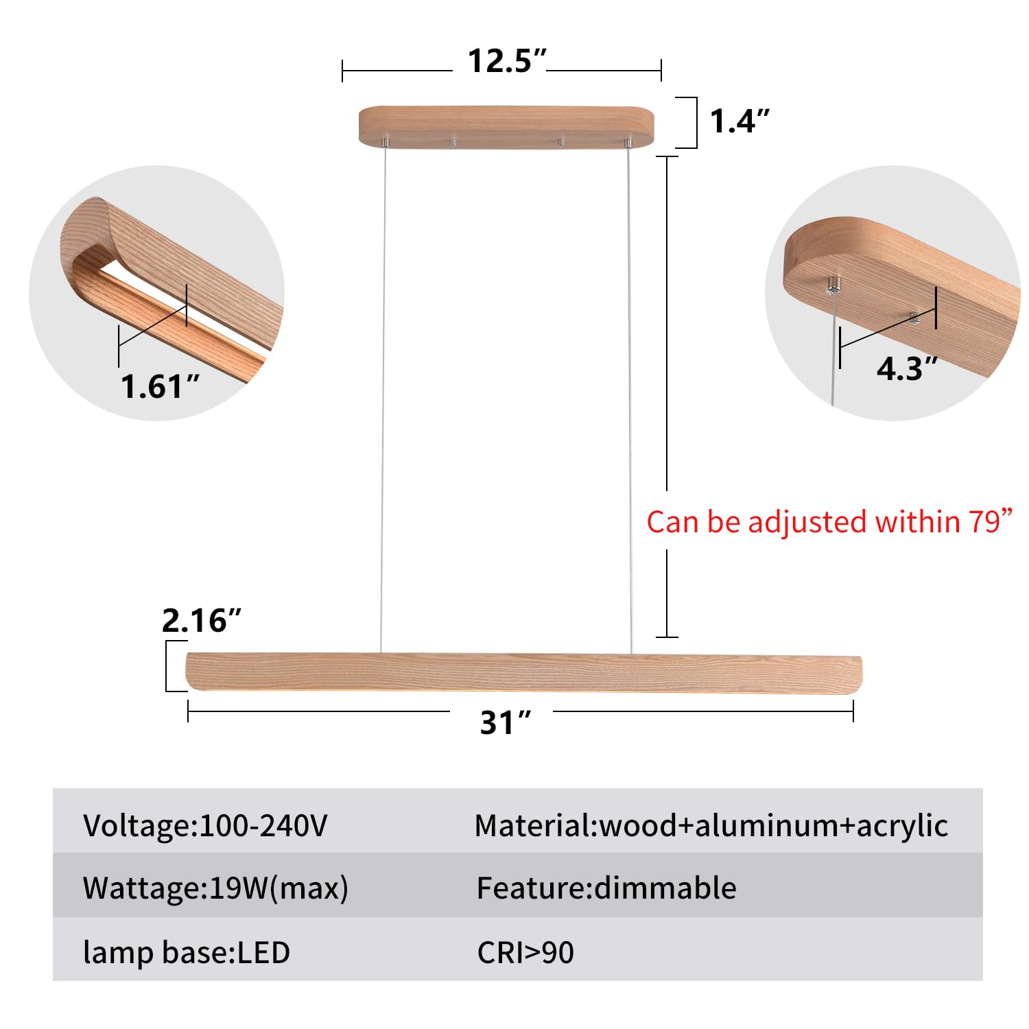 Yisdesign 31-Inch Led Linear Pendant Light  Dimmable Wood Ceiling Lamp Minimalist Linear Chandelier  19W Warm Light 3000K  Modern Kitchen Island Dining Room Lighting Natural