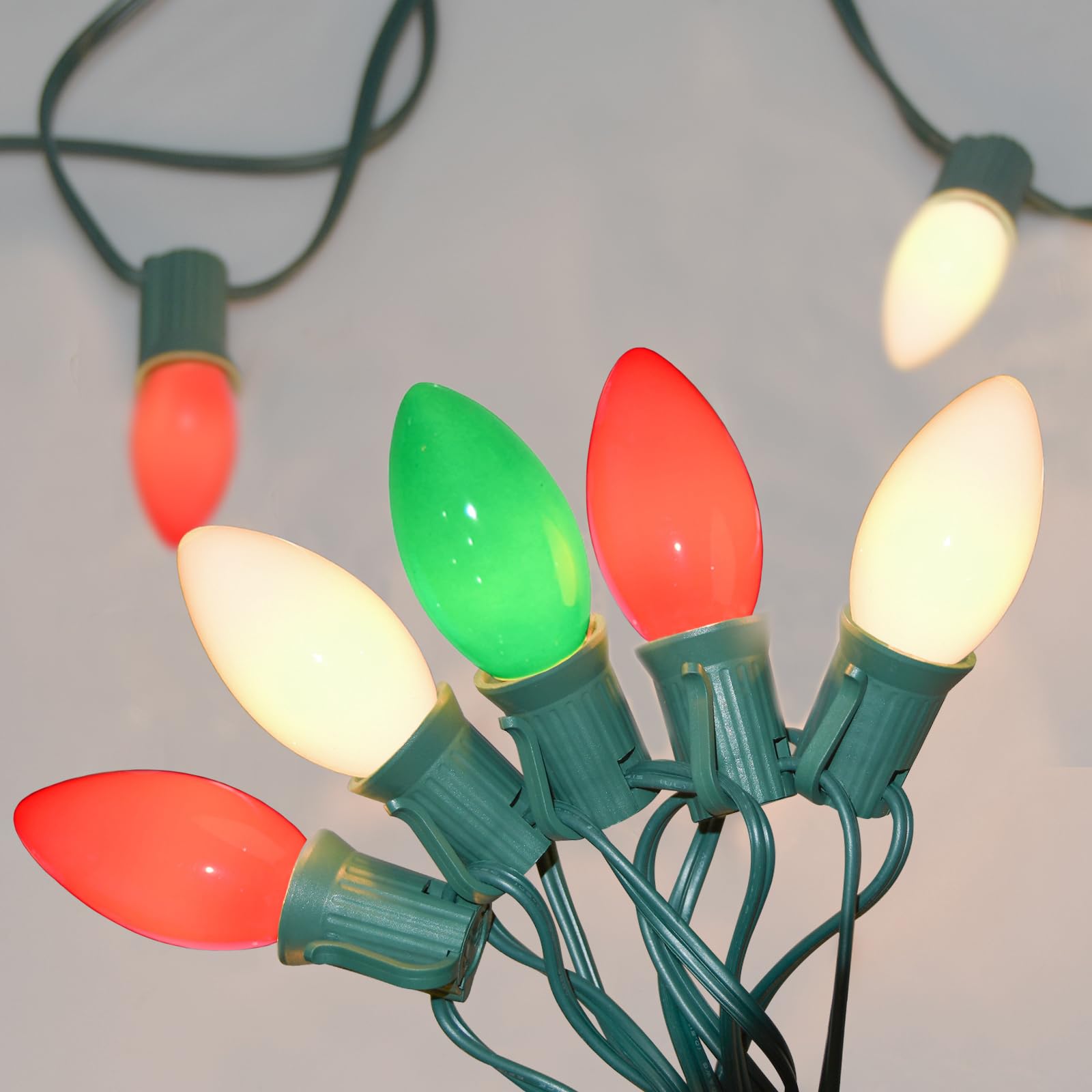SUNSGNE 25 Feet Vintage Christmas Tree Lights with 26 7W Red Green White Glass Bulbs(1 Spare), Connectable Hanging Lights for Pa