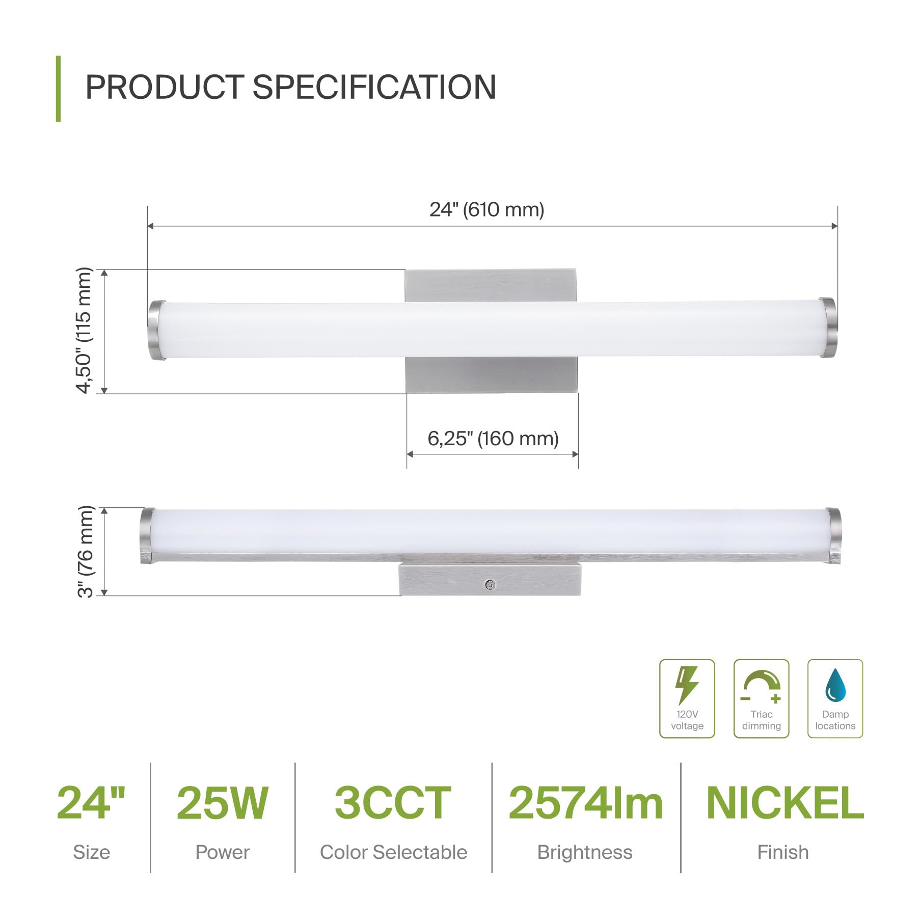 Asd Led 24 Vanity Wall Mount Light Fixture  Linear Bathroom Lighting Bar | 3Cct  Dimmable  Energy Star  Etl Listed | 25W 1750Lm 3000-5000K 120V | Long Tube Bath Sconce Over Mirror | Nickel  2 Pack