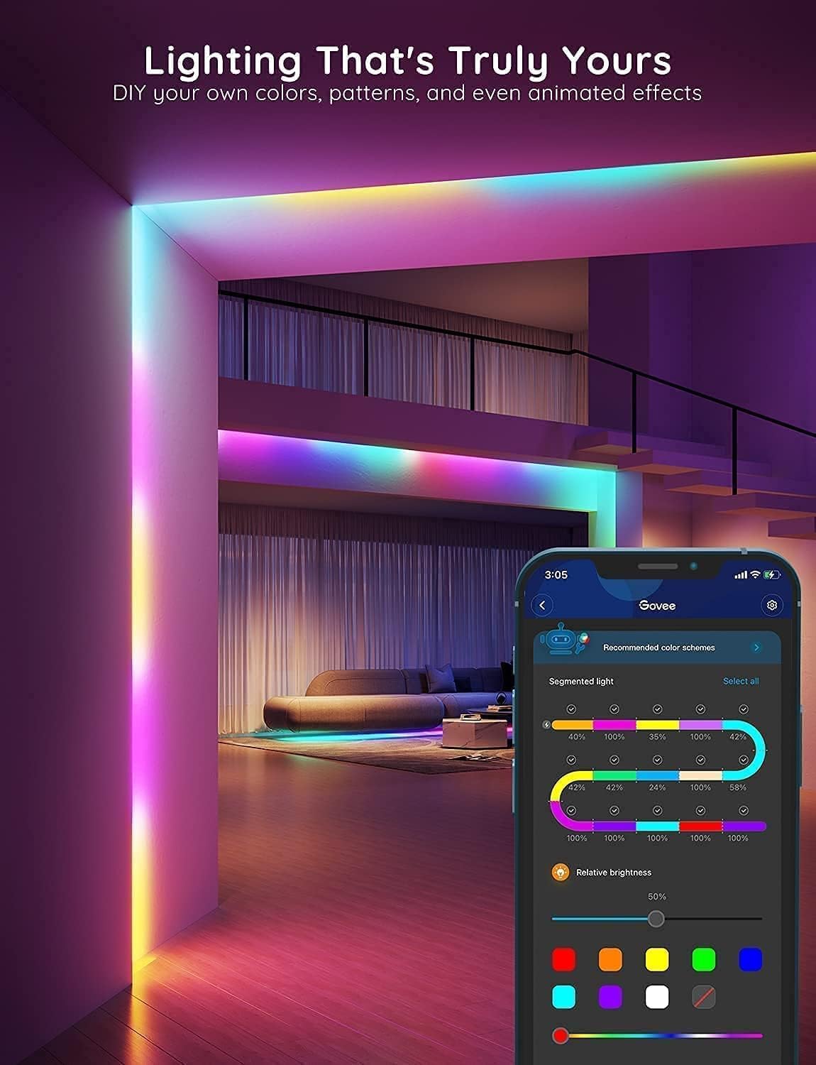 Govee 32.8ft RGBIC LED Strip Lights H617C, Smart App Control, Music Sync, Bluetooth, Color Changing for Bedroom & Gaming Room