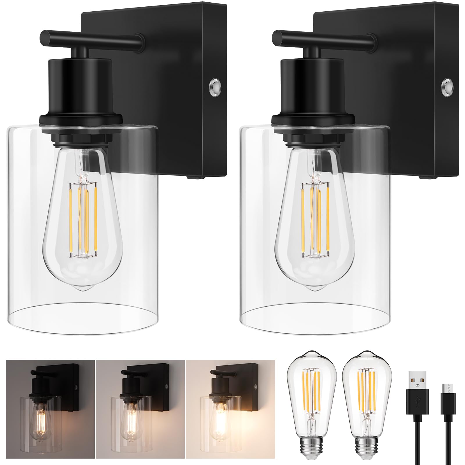 Battery Operated Wall Sconce Set Of 2, Black Wireless Rechargeable Wall Mounted Lamp With Bulb, Modern Dimmable Indoor Non-Hardw