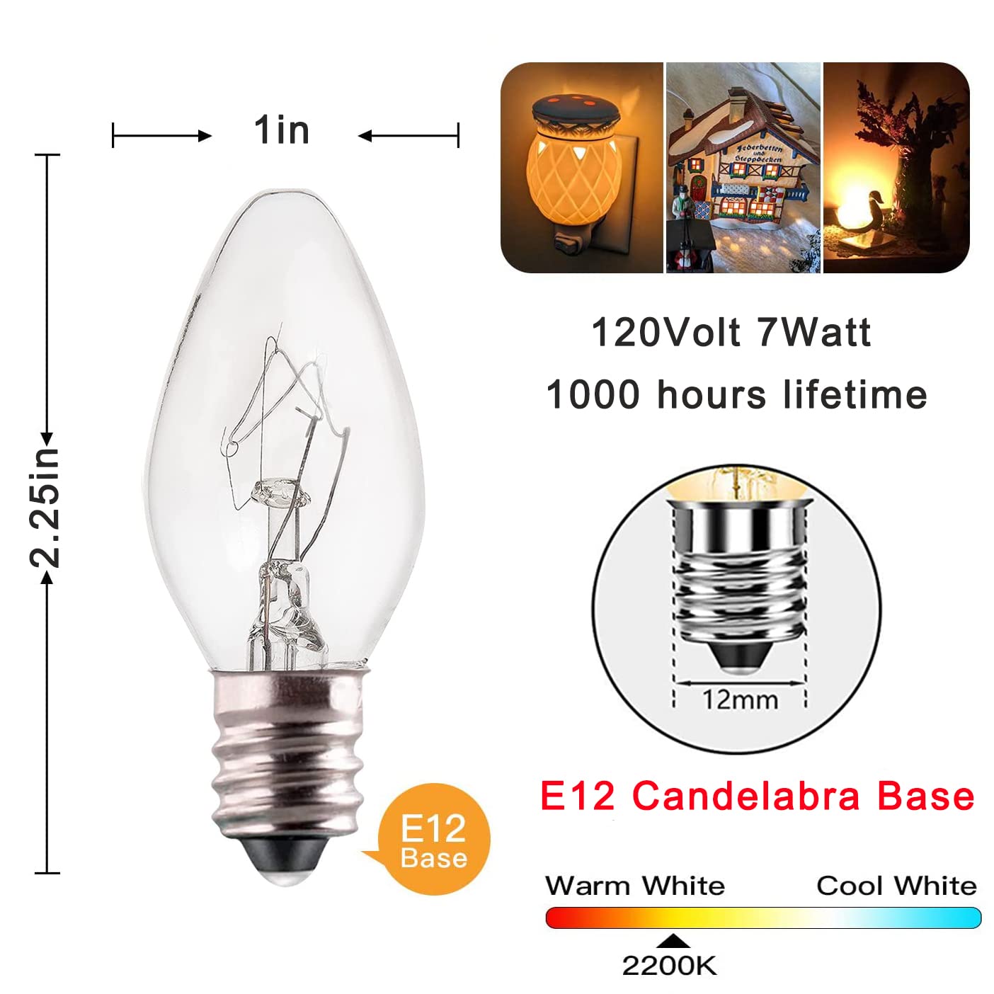 Konictom 25 Pack C7 Clear Replacement Bulbs, C7 Outdoor Candle Light Bulbs, Night Candle Light For Indoor Outdoor Patio Bistro P